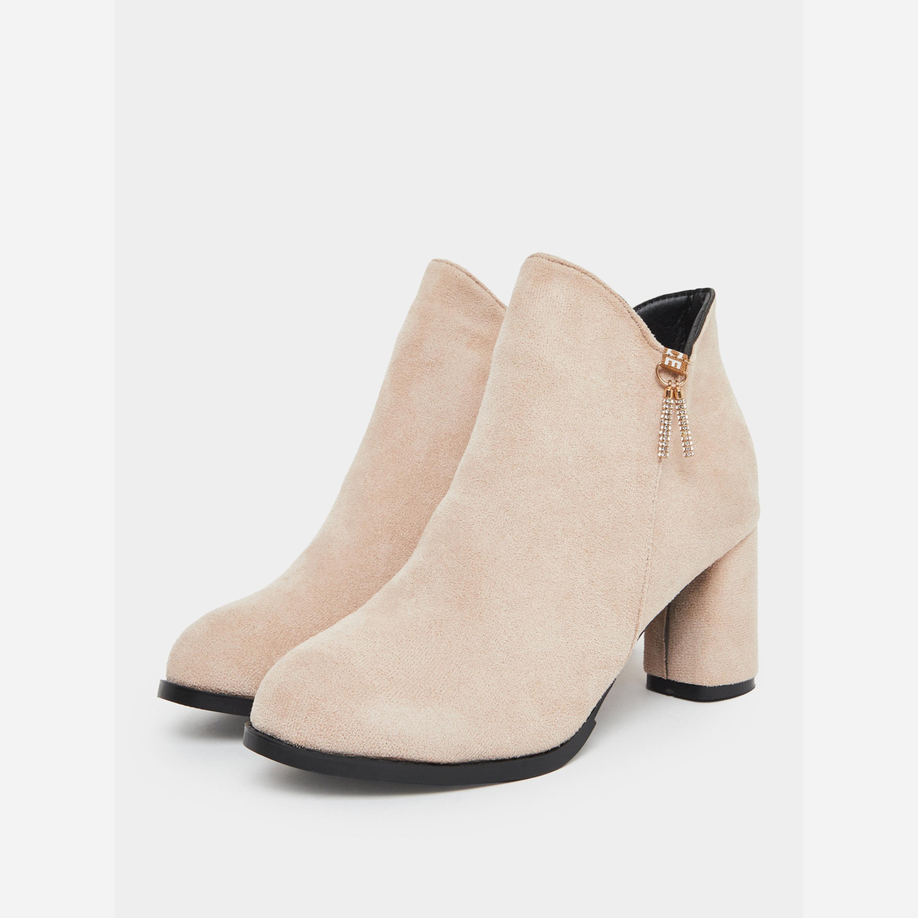 Take Two Women Beige Suede Block Heel Ankle Boots-women-shoes-boots-image-1
