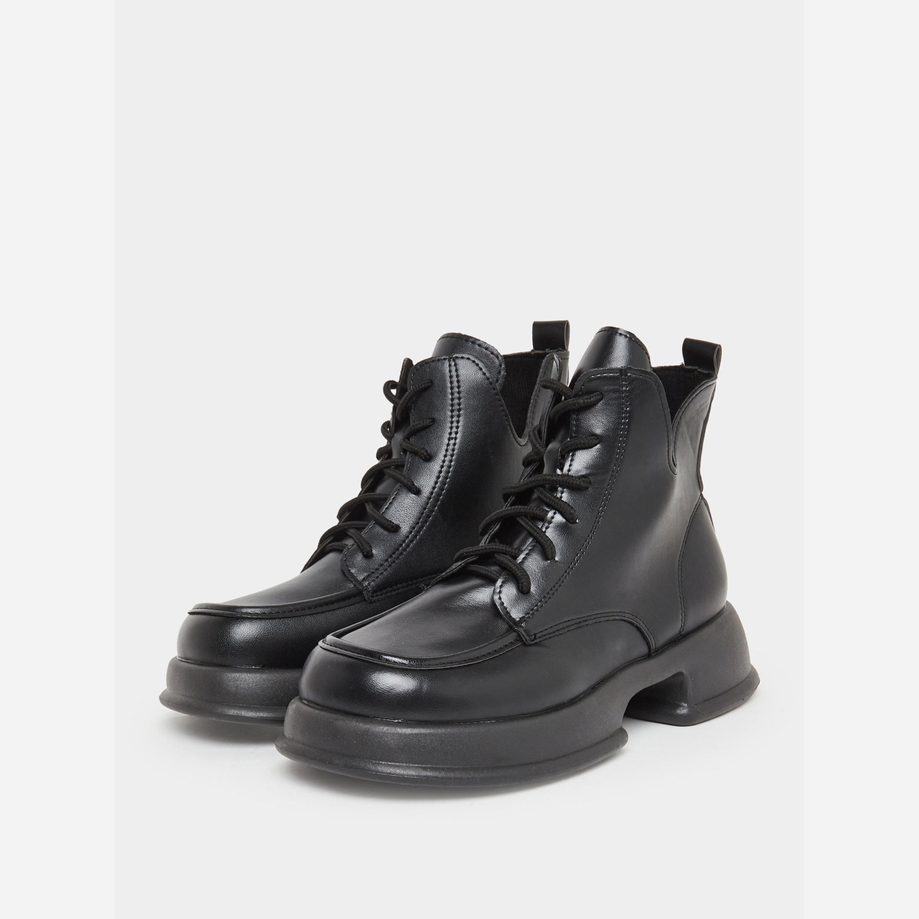 Take Two Women Black Lace-Up Chunky Heel Ankle Boots-women-shoes-boots-image-1