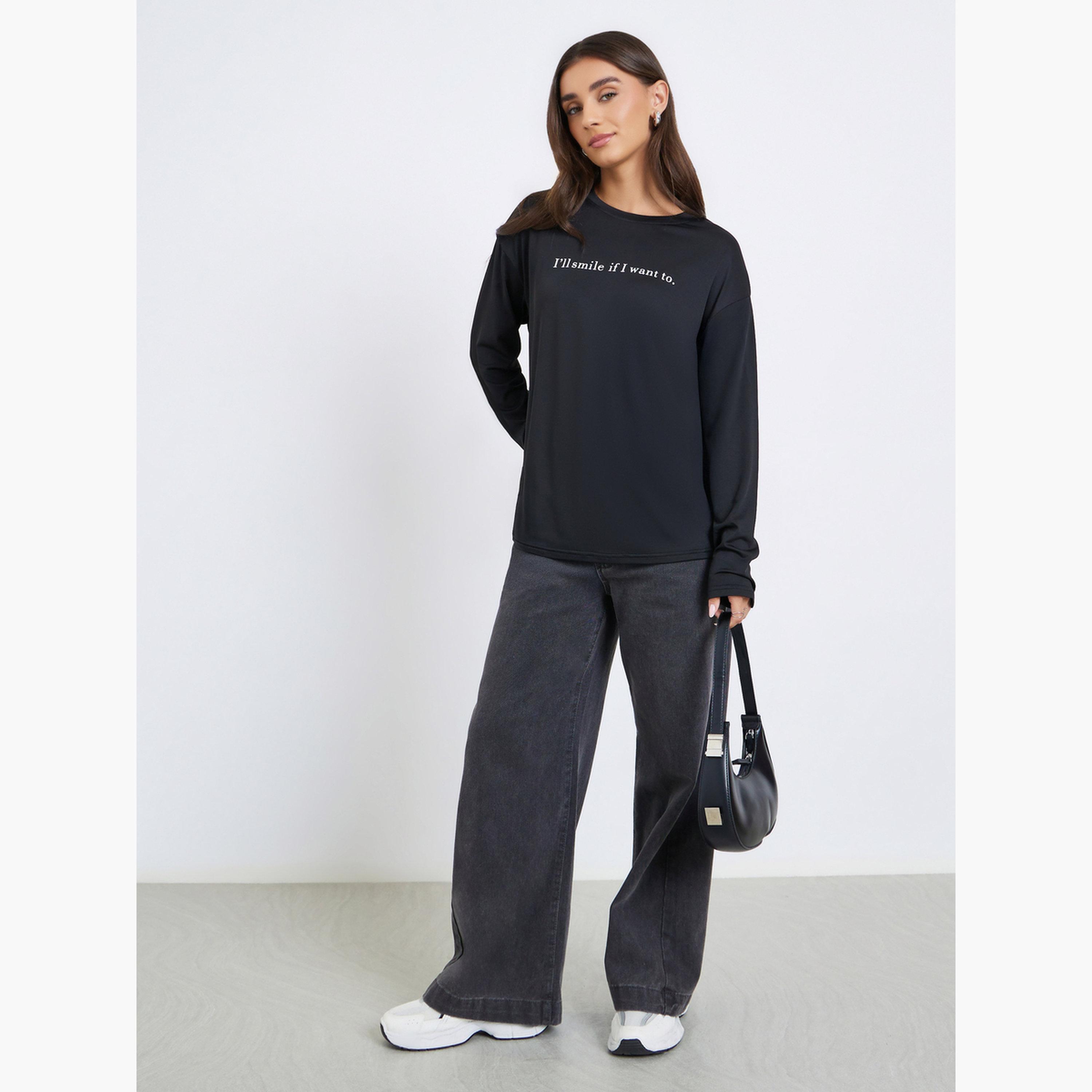 Styli Women Black Long Sleeve Slogan Oversize T-shirt-women-clothing-tshirts-image-2