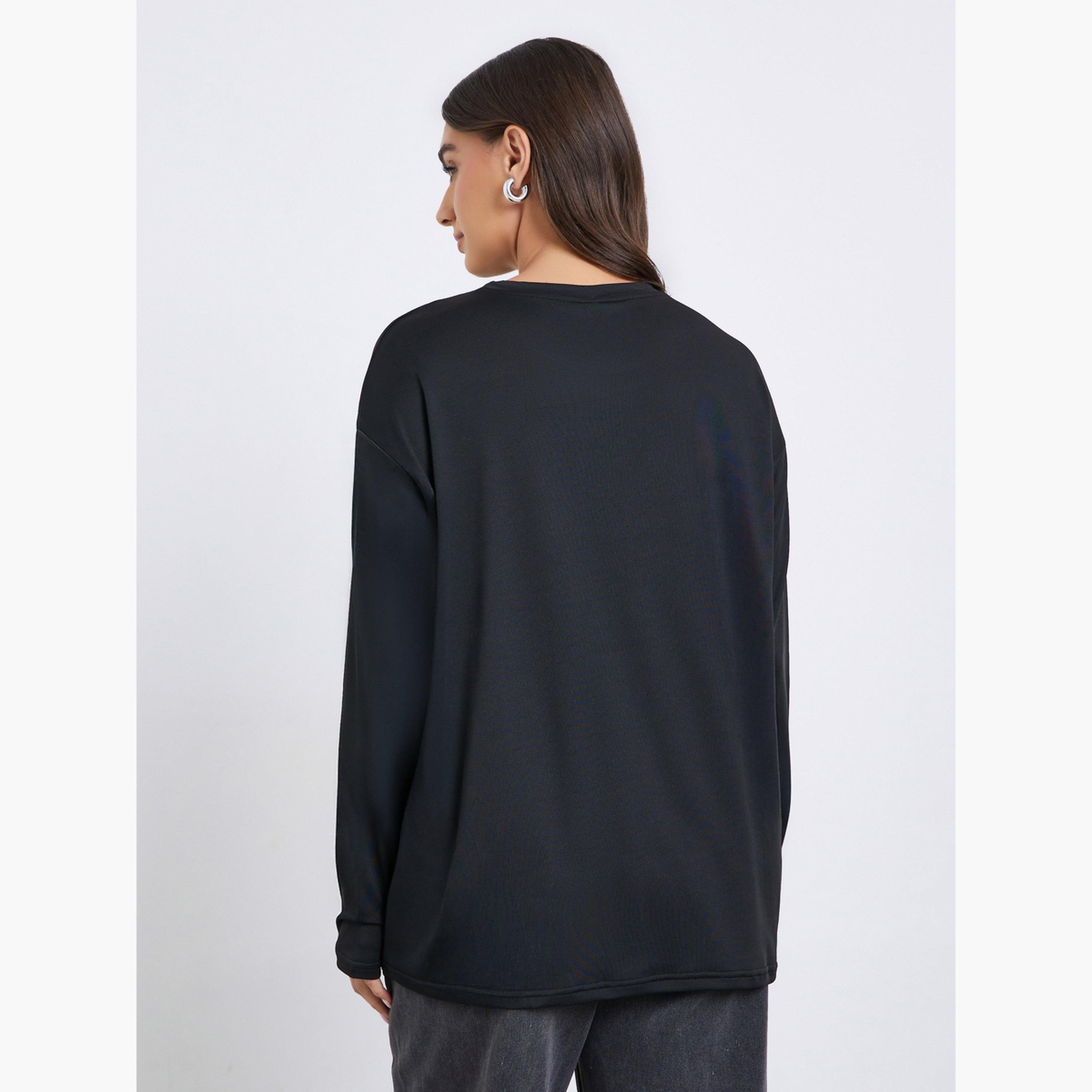 Styli Women Black Long Sleeve Slogan Oversize T-shirt-women-clothing-tshirts-image-4