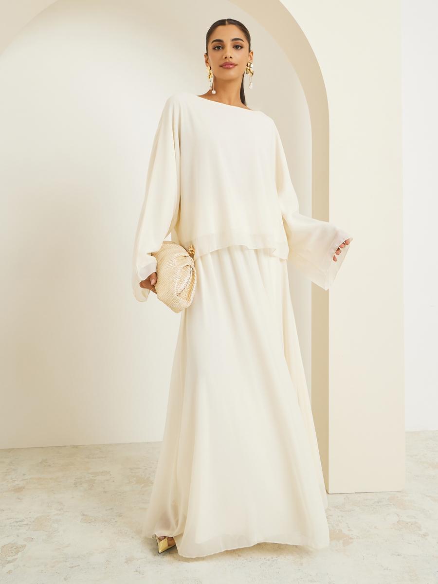 Styli Women Off White Chiffon Top with Maxi Skirt Co-Ords-women-clothing-coordsets-image-1