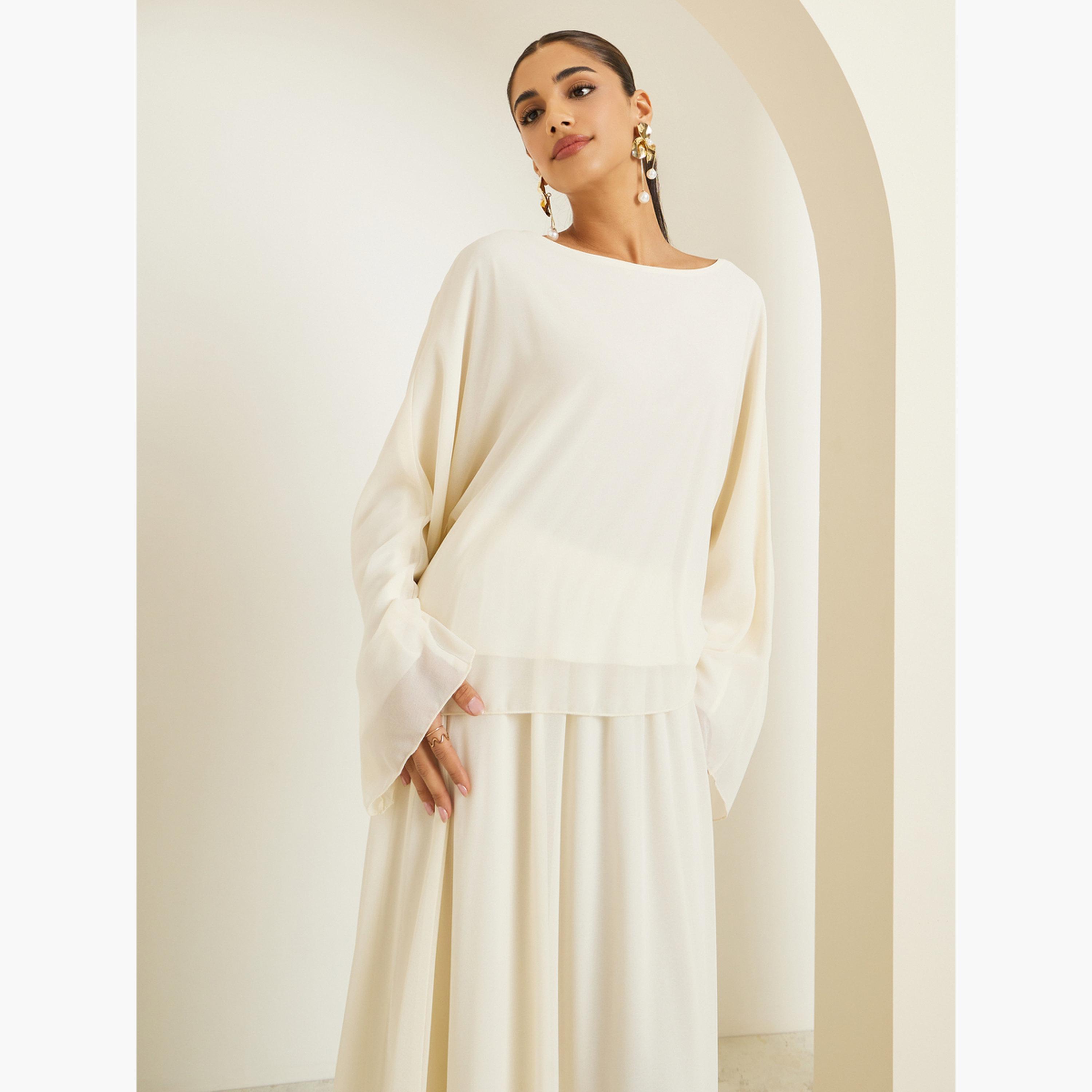Styli Women Off White Chiffon Top with Maxi Skirt Co-Ords-women-clothing-coordsets-image-2