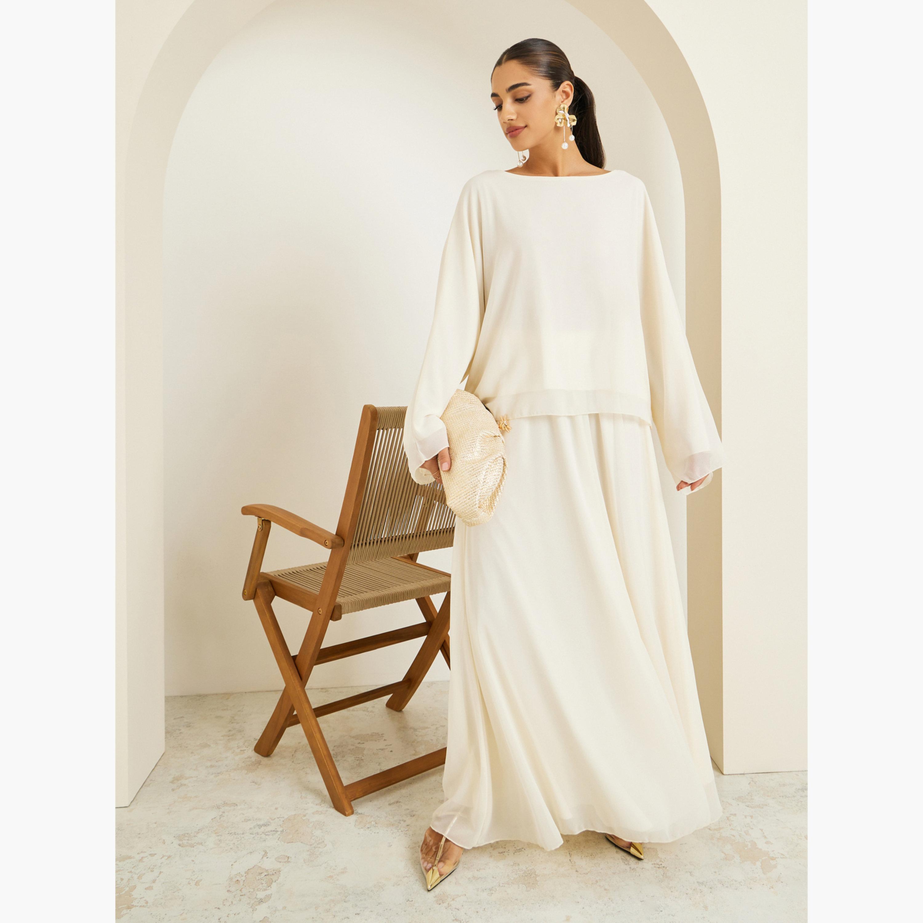 طقم منسق من تنورة طويلة وبلوزة شيفون بأكمام طويلة-women-clothing-coordsets-image-3