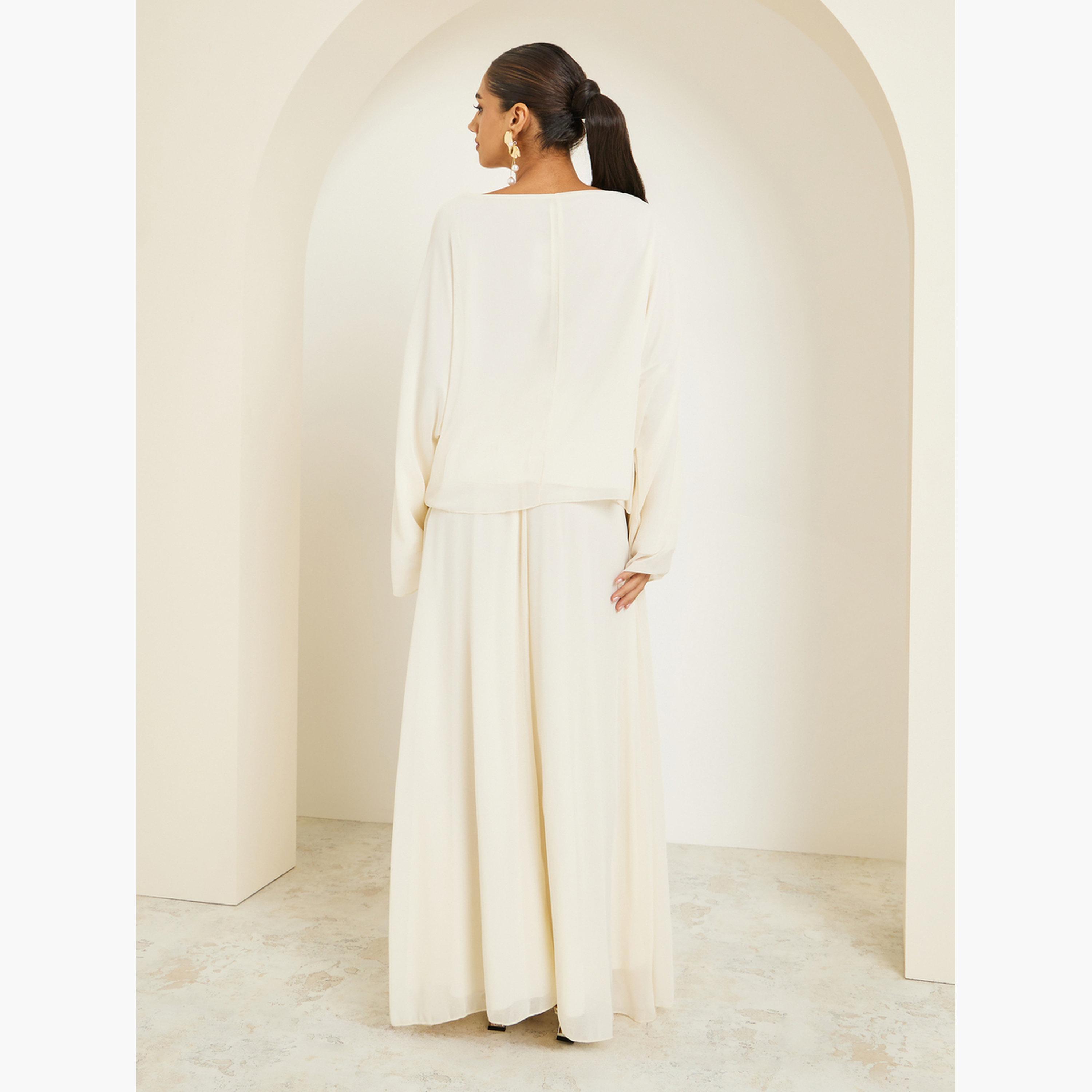 طقم منسق من تنورة طويلة وبلوزة شيفون بأكمام طويلة-women-clothing-coordsets-image-4