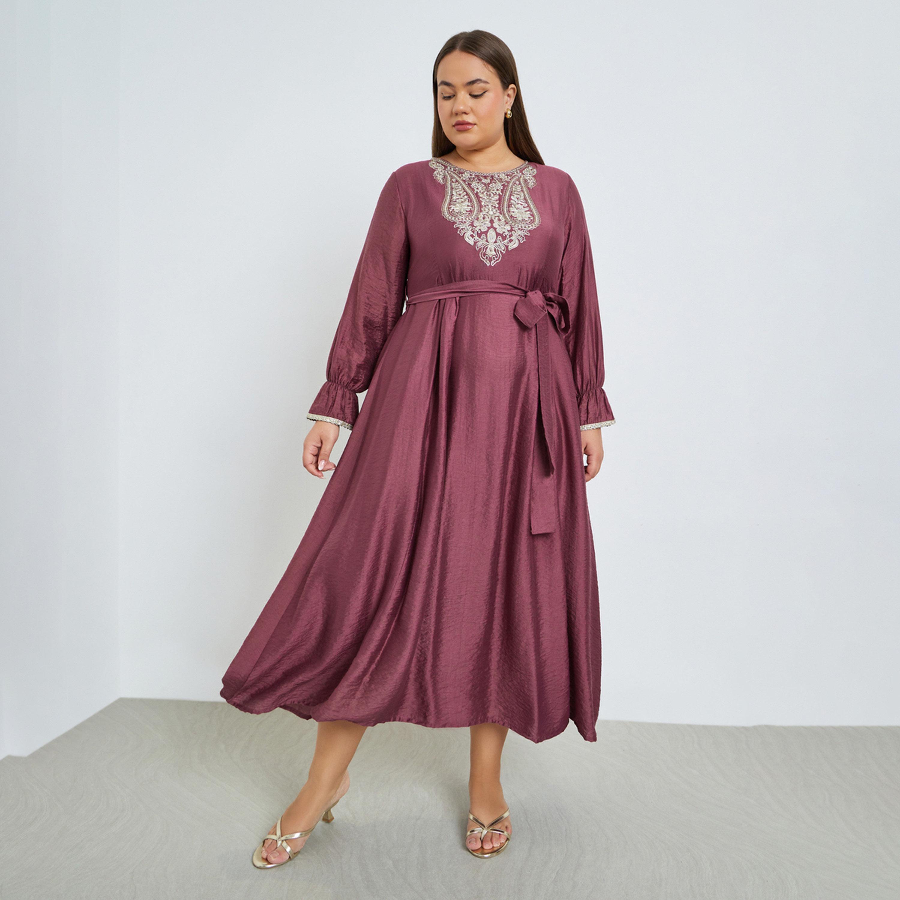 Styli Plus Size Rust Embellished A-Line Maxi Dress-women-clothing-dresses-image-1