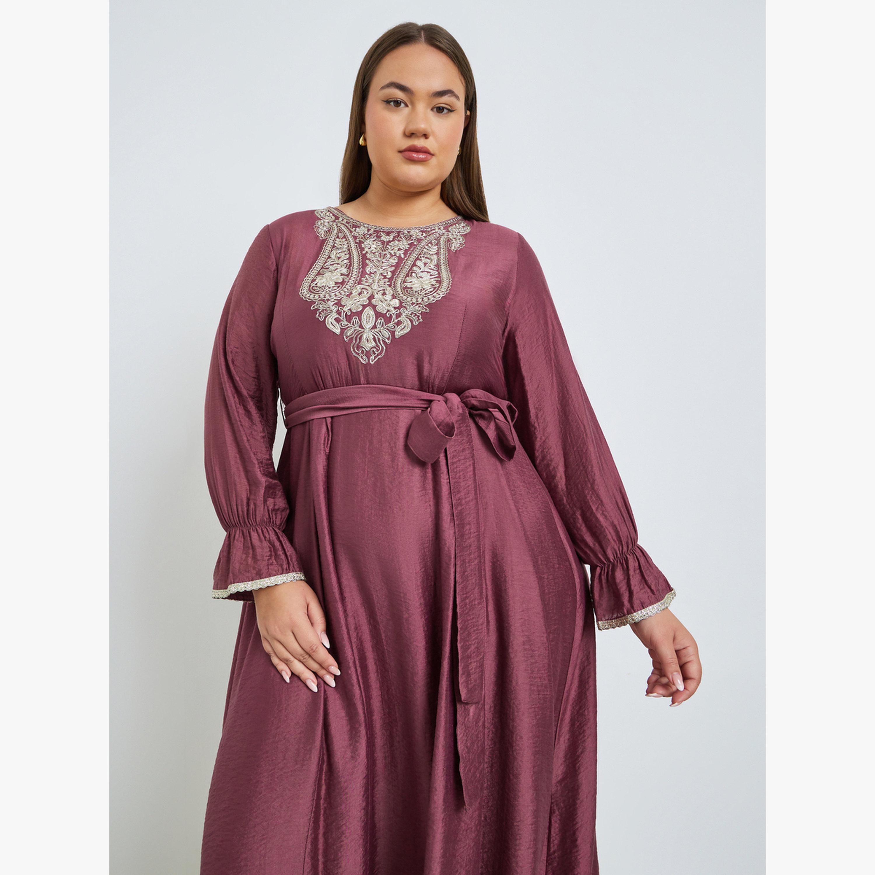 فستان طويل بحافة واسعة ومزين مقاس كبير بلون صدأ-women-clothing-dresses-image-2