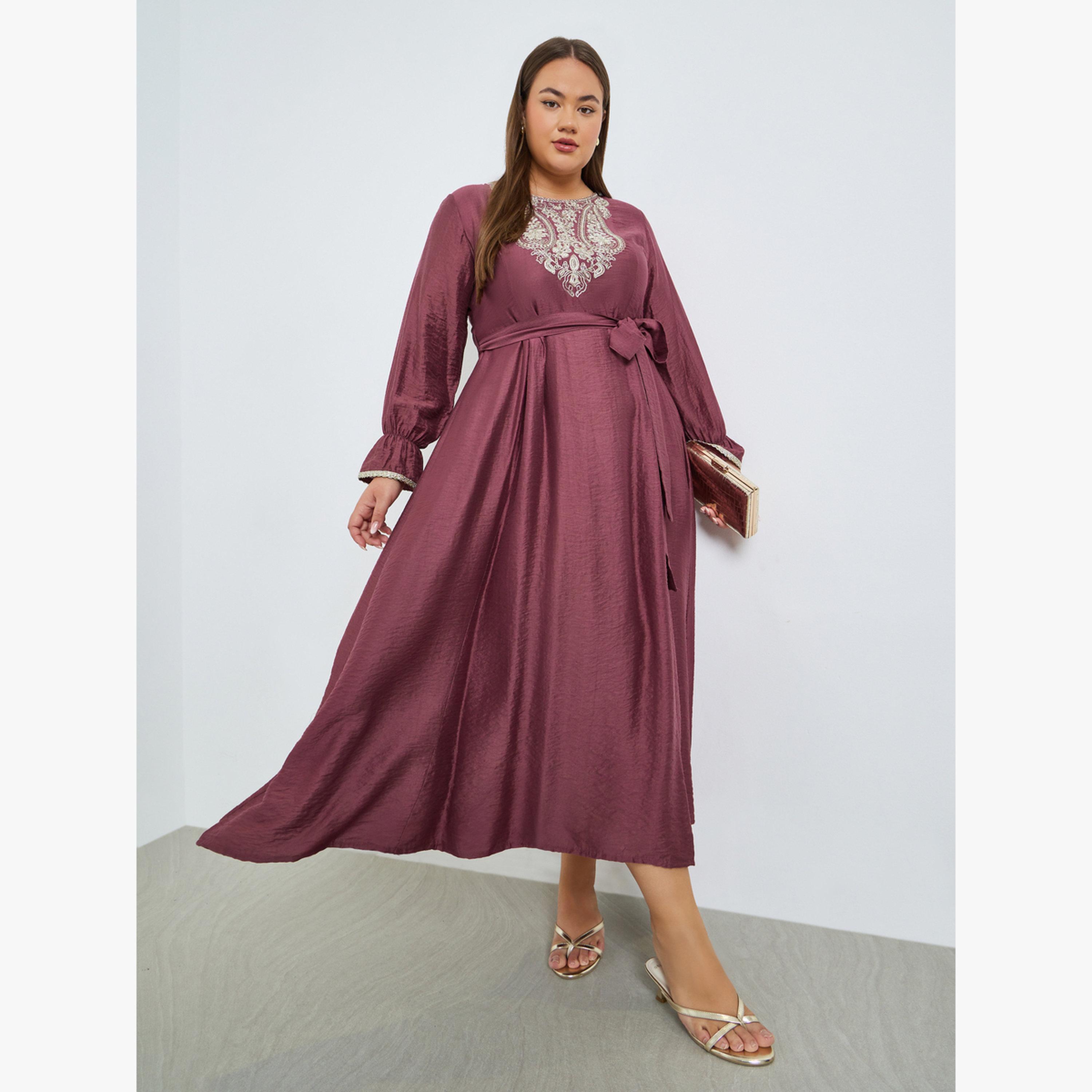 Styli Plus Size Rust Embellished A-Line Maxi Dress-women-clothing-dresses-image-3