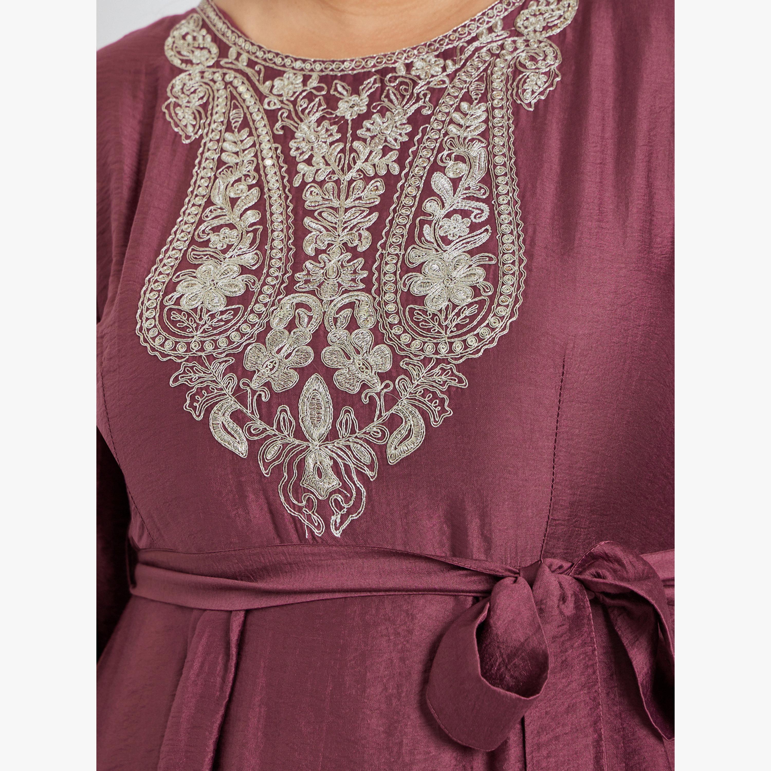 فستان طويل بحافة واسعة ومزين مقاس كبير بلون صدأ-women-clothing-dresses-image-5
