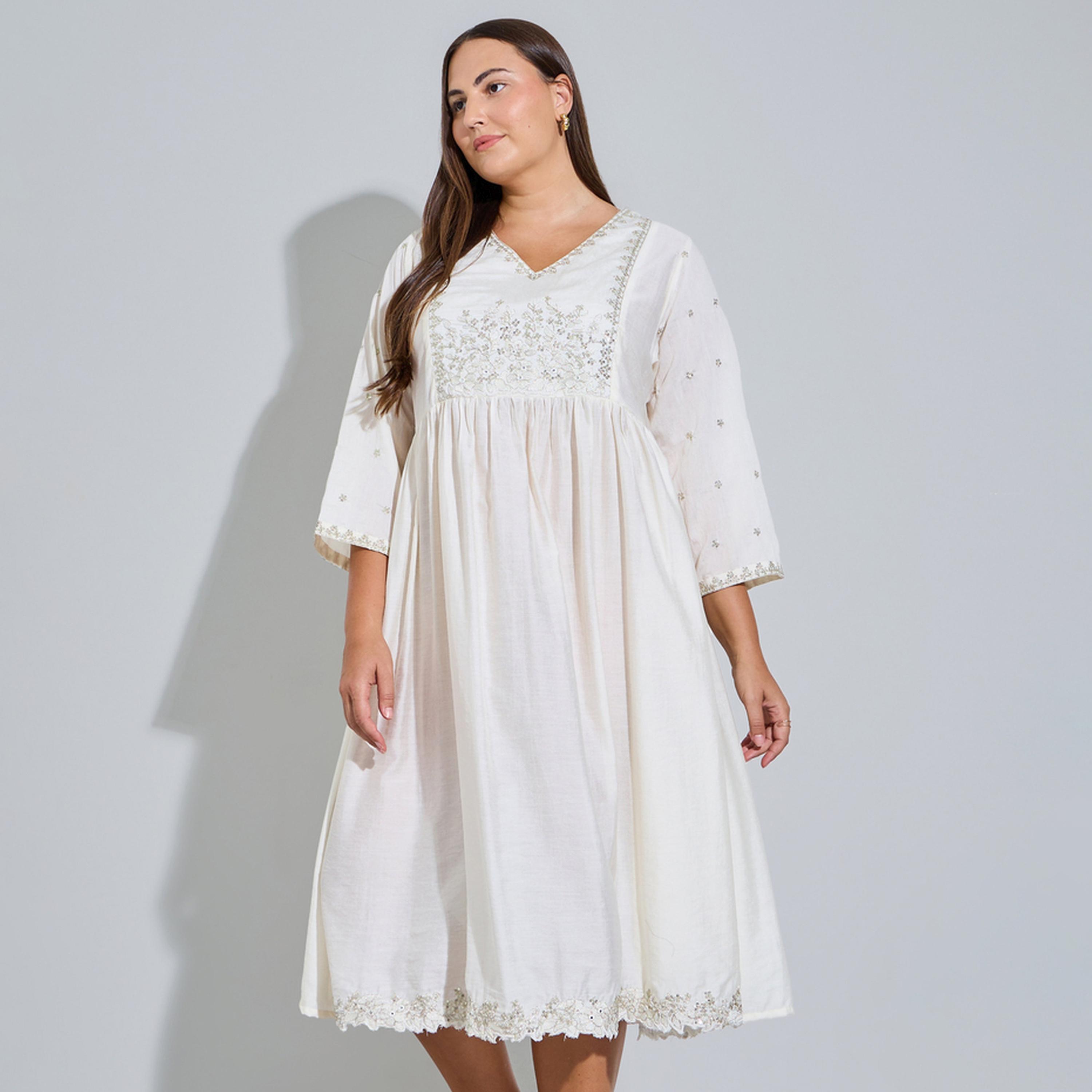 Styli Plus Size Cream Embroidered A-Line Midi Dress-women-clothing-dresses-image-1