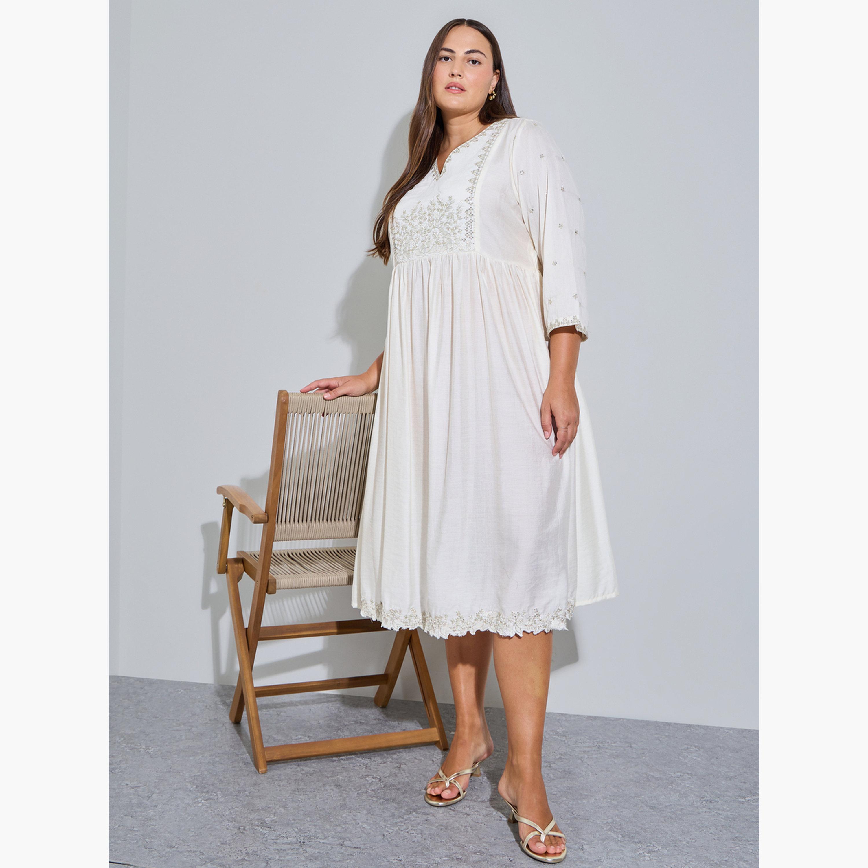 Styli Plus Size Cream Embroidered A-Line Midi Dress-women-clothing-dresses-image-2