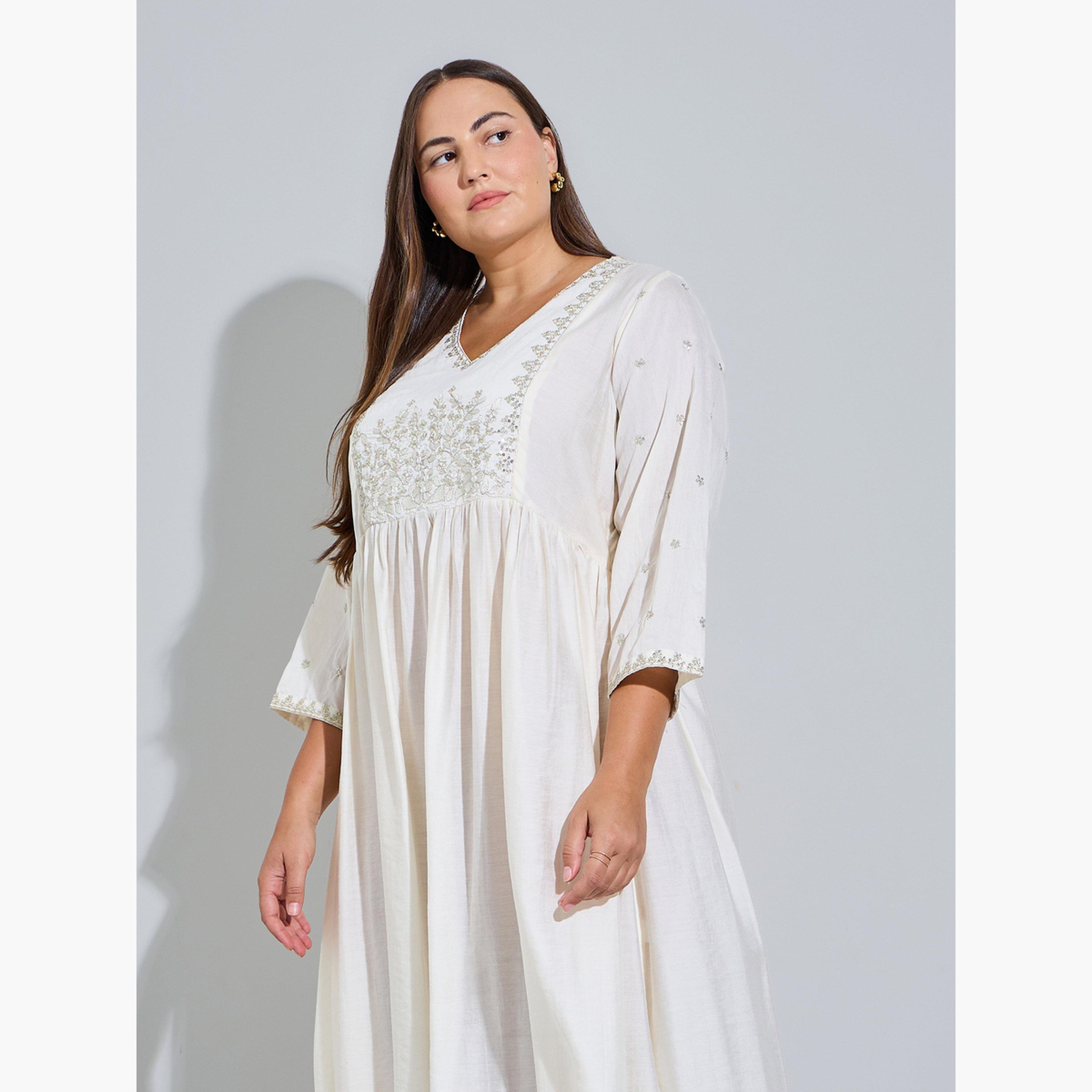 Styli Plus Size Cream Embroidered A-Line Midi Dress-women-clothing-dresses-image-3