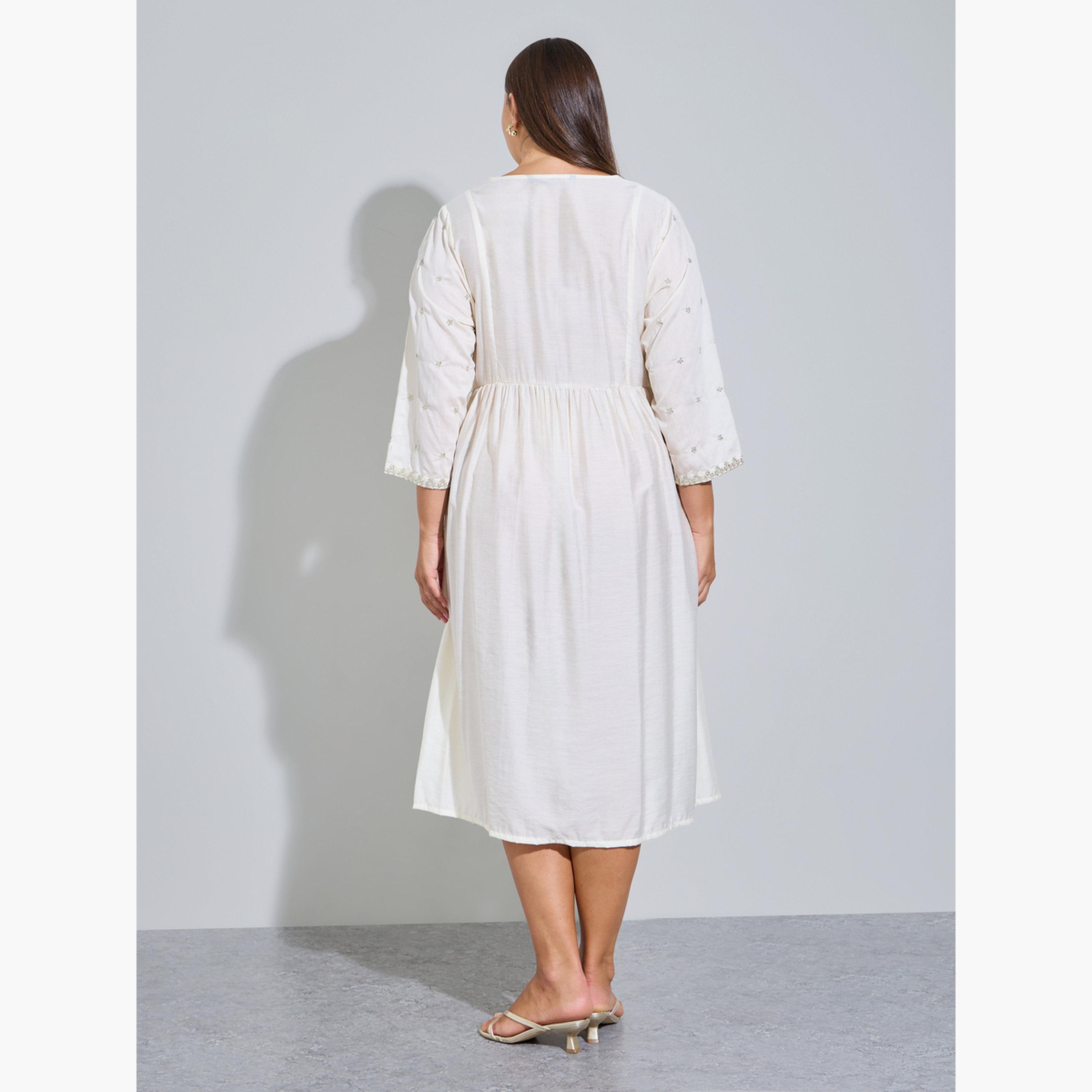 Styli Plus Size Cream Embroidered A-Line Midi Dress-women-clothing-dresses-image-4