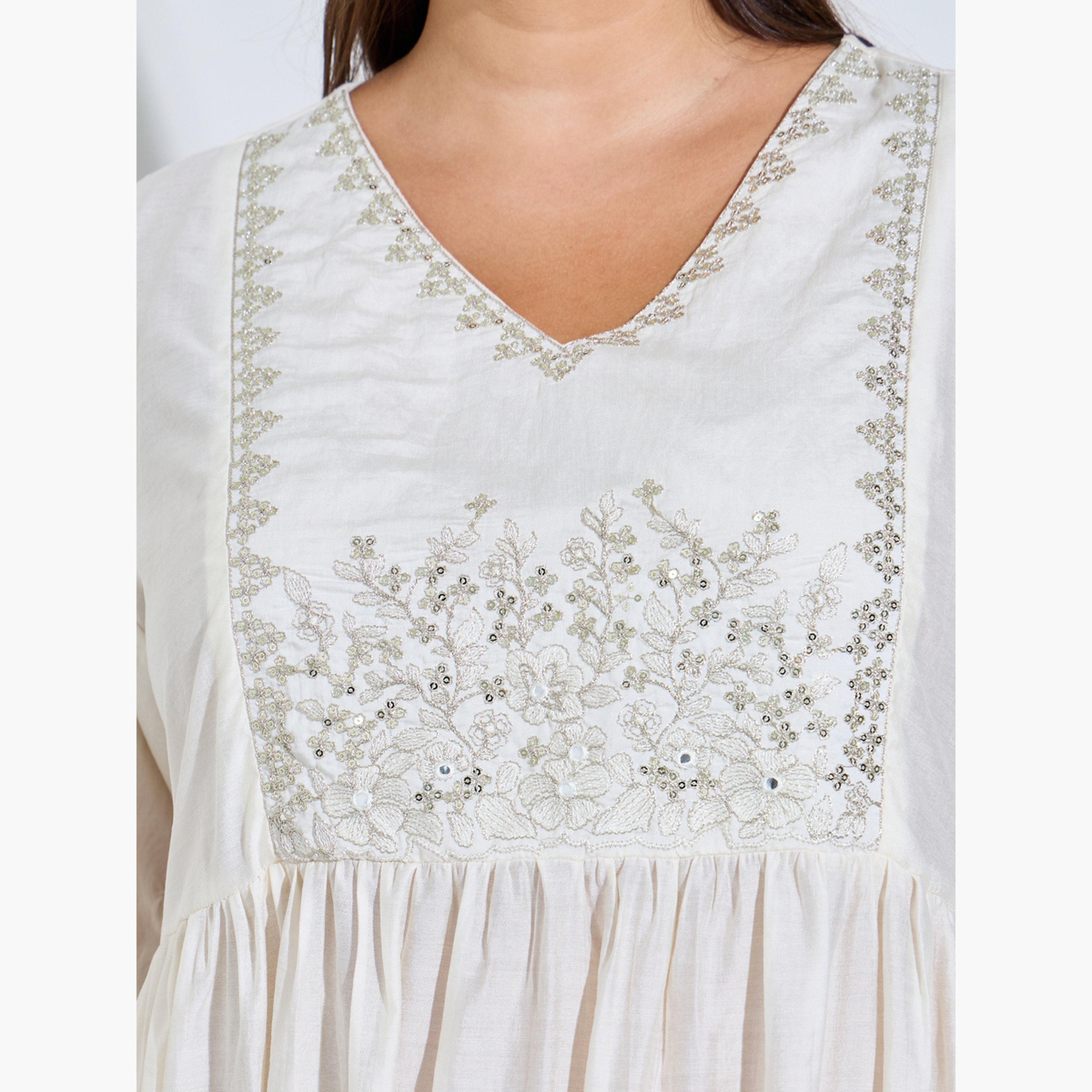Styli Plus Size Cream Embroidered A-Line Midi Dress-women-clothing-dresses-image-5