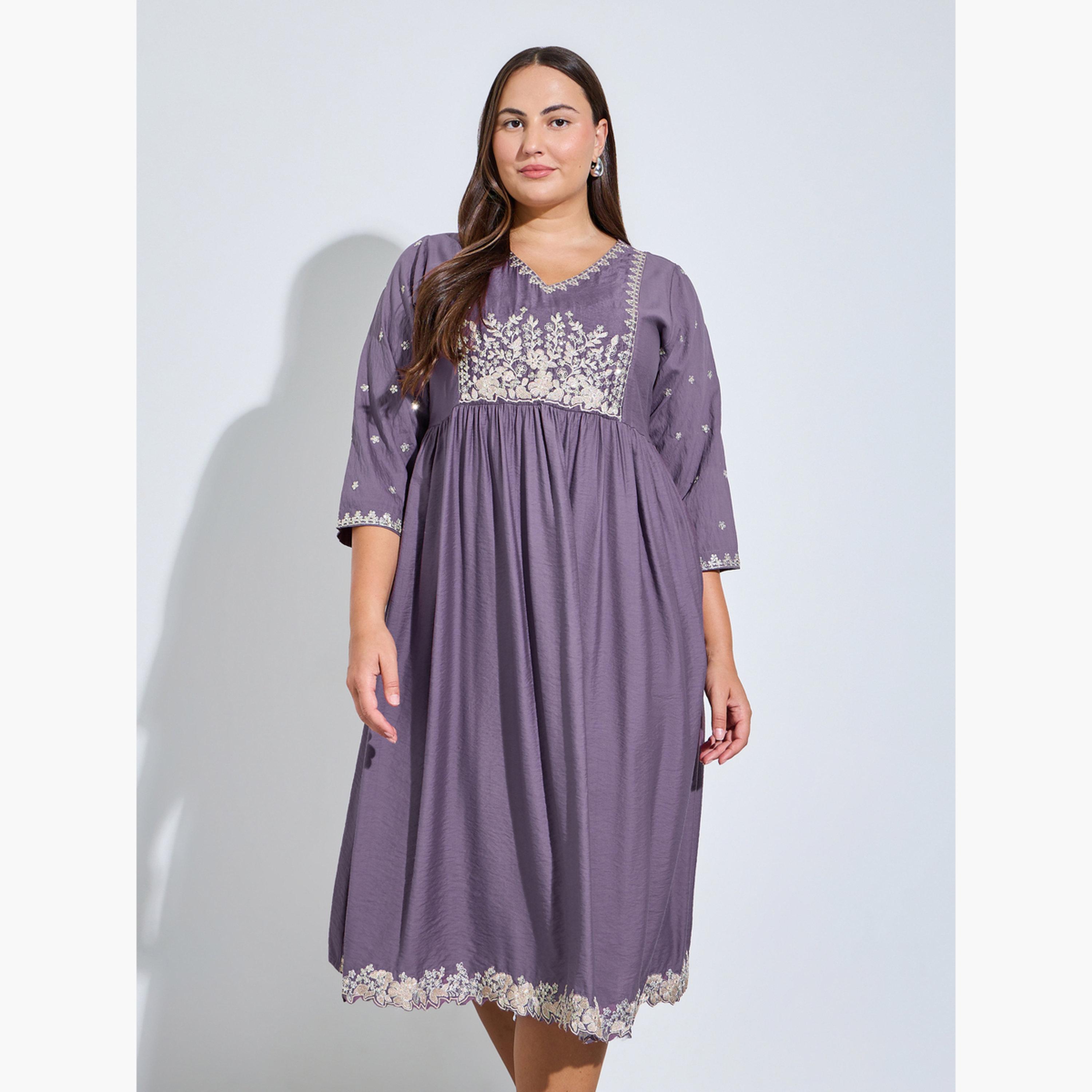 Styli Plus Size Purple Embroidered A-Line Midi Dress-women-clothing-dresses-image-1