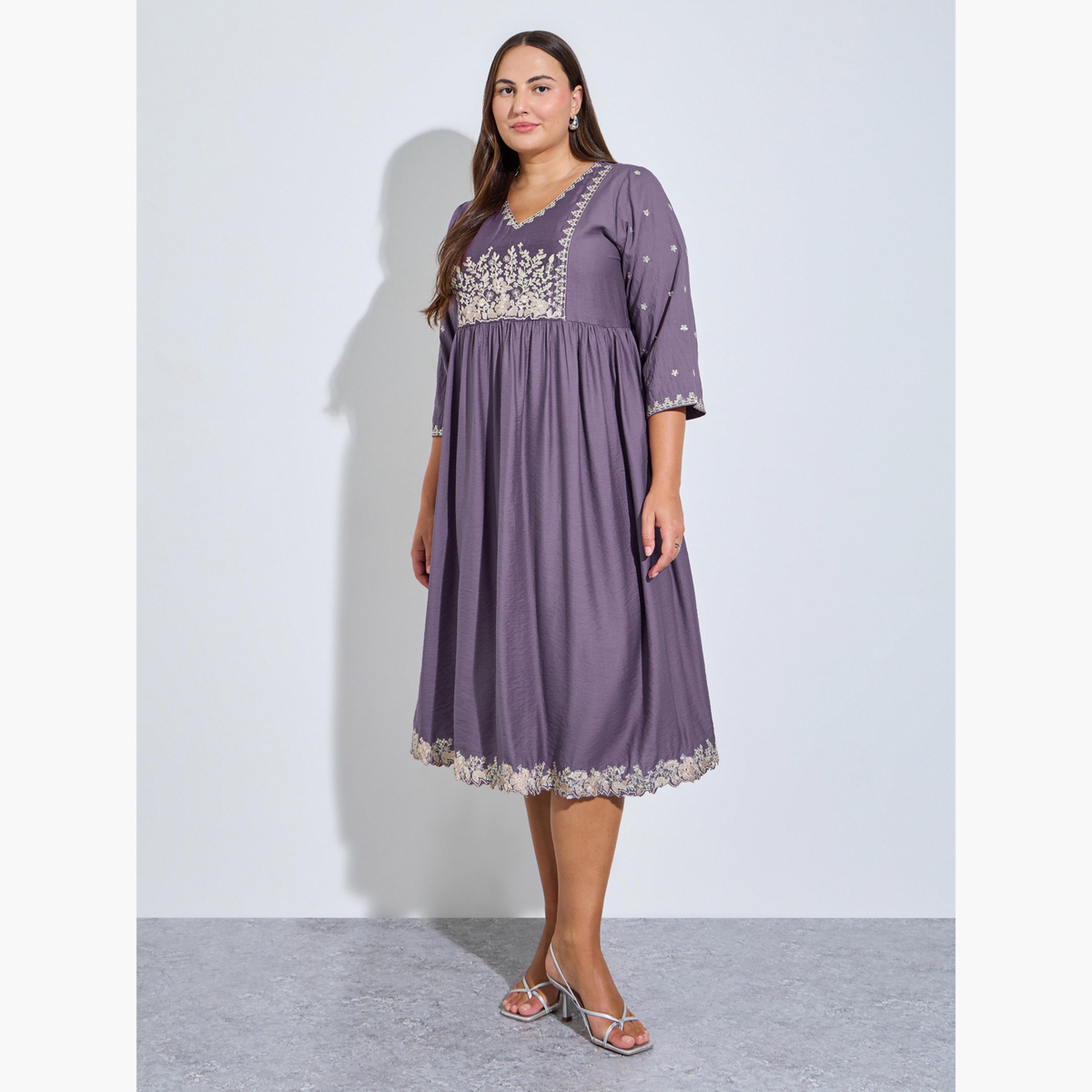 Styli Plus Size Purple Embroidered A-Line Midi Dress-women-clothing-dresses-image-2