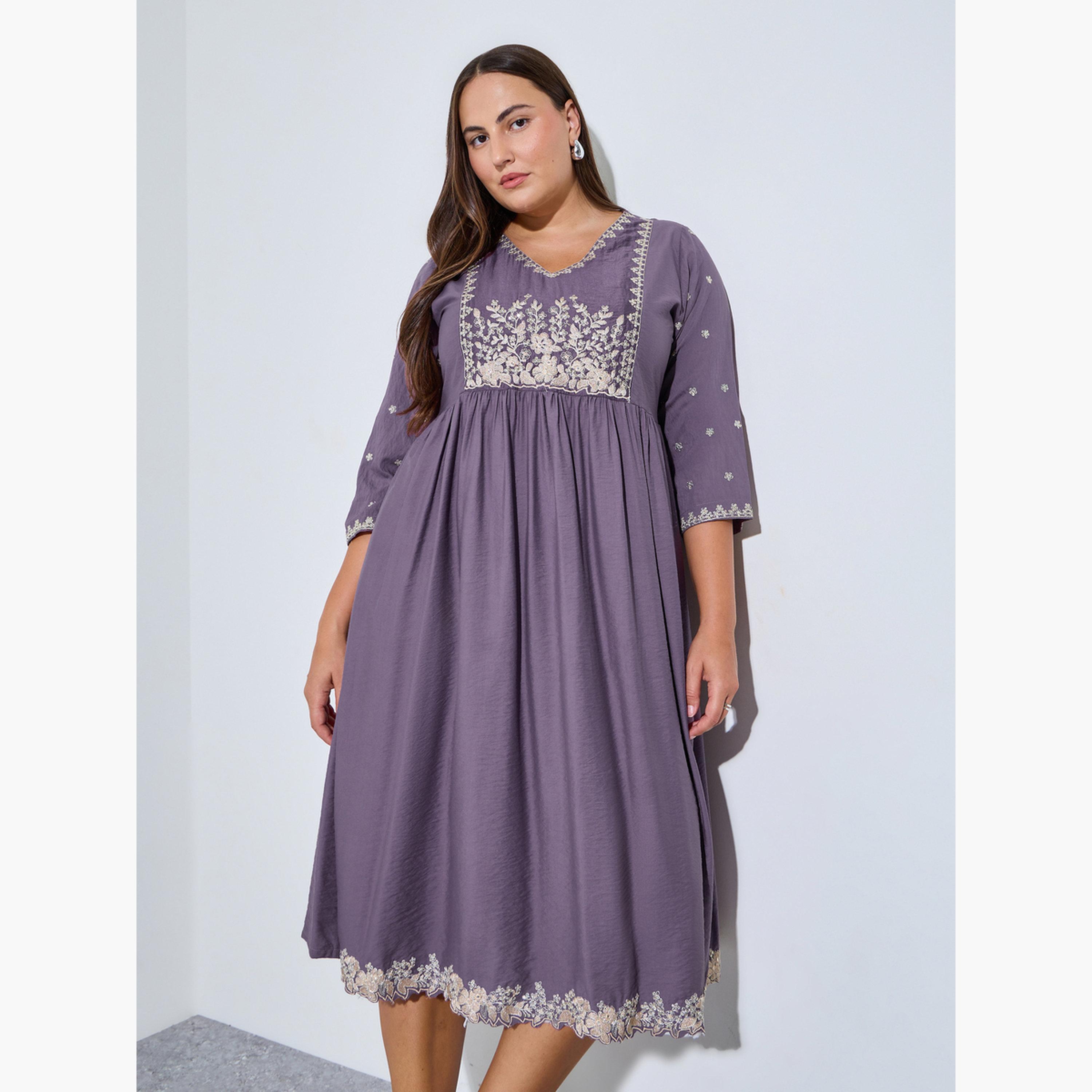 Styli Plus Size Purple Embroidered A-Line Midi Dress-women-clothing-dresses-image-3