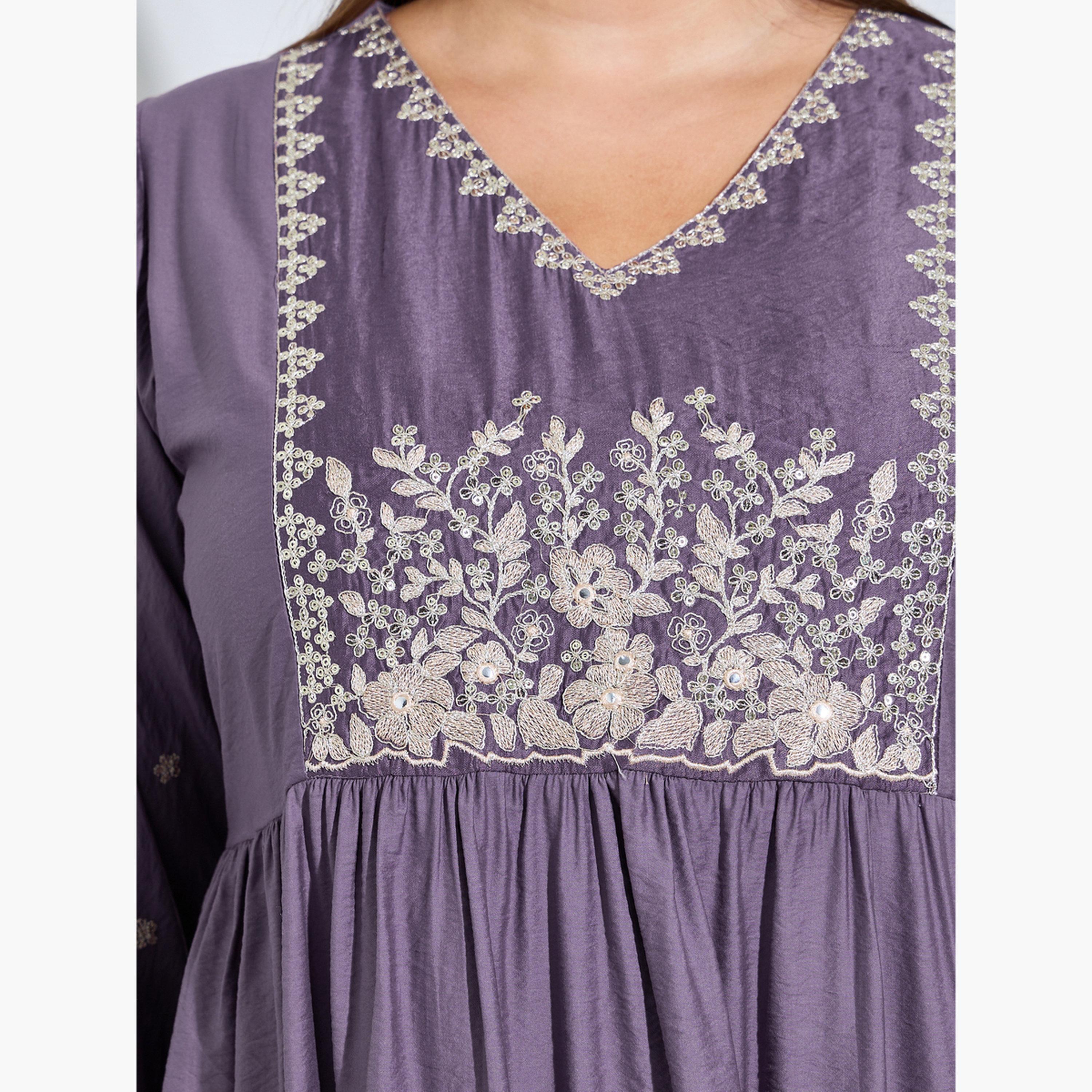 Styli Plus Size Purple Embroidered A-Line Midi Dress-women-clothing-dresses-image-5
