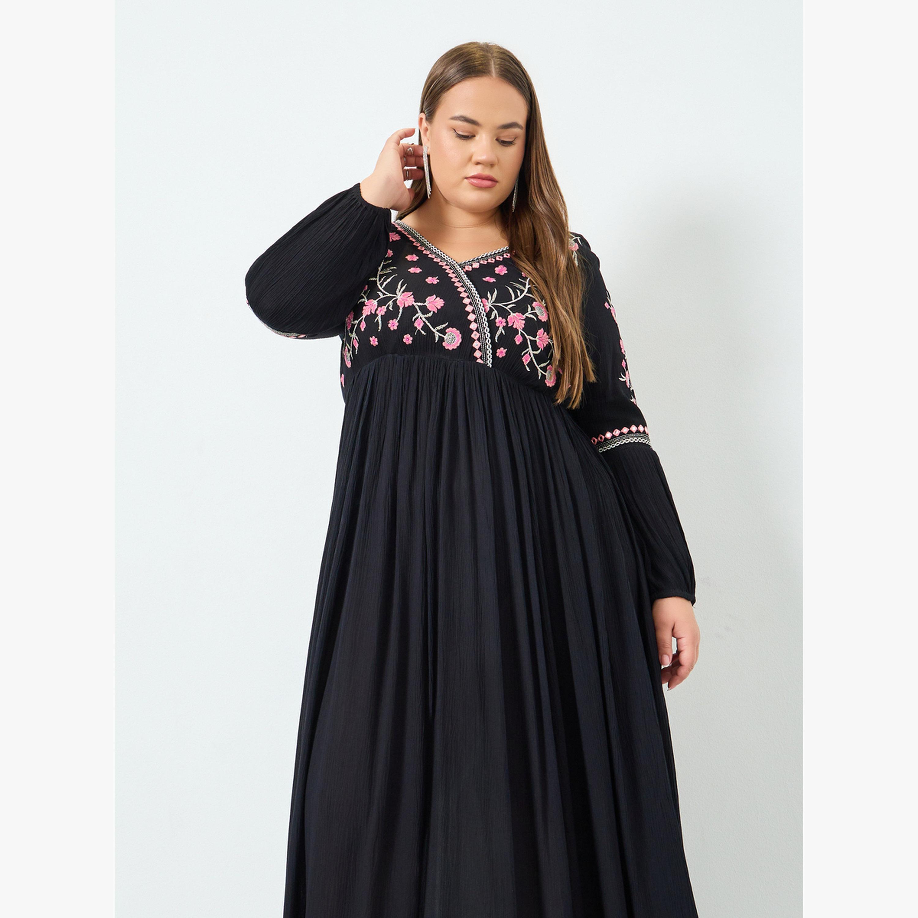 فستان طويل مقاس كبير بأكمام طويلة ومطرز-women-clothing-dresses-image-2