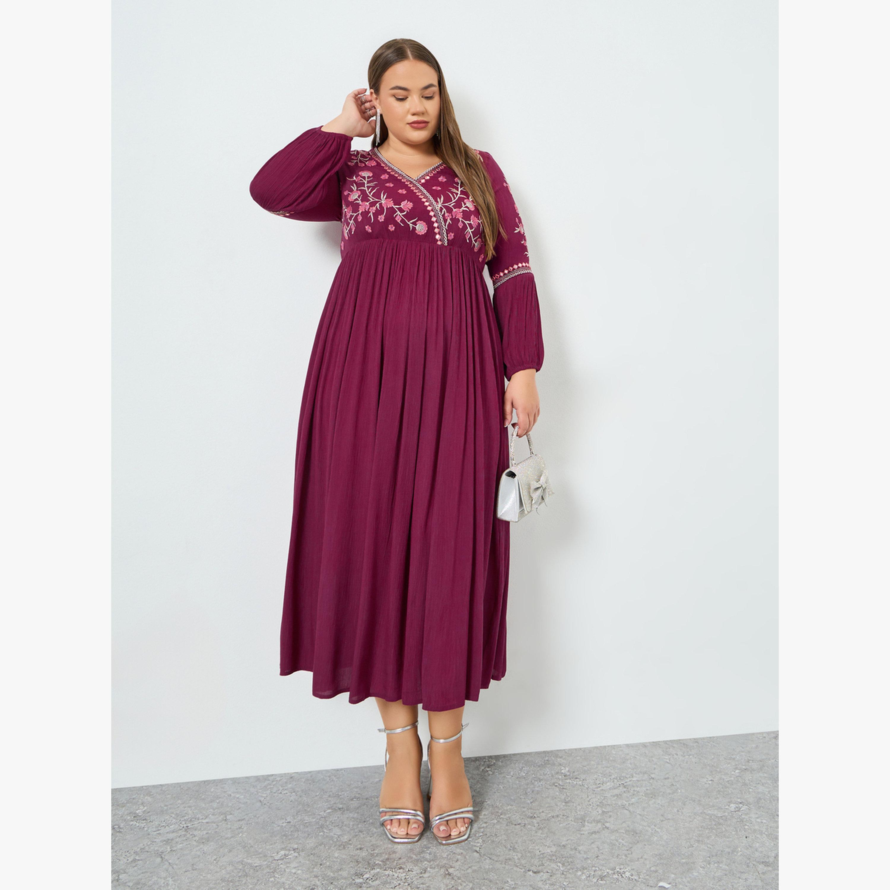 Styli Plus Size Embroidered Long Sleeves Maxi Dress-women-clothing-dresses-image-1