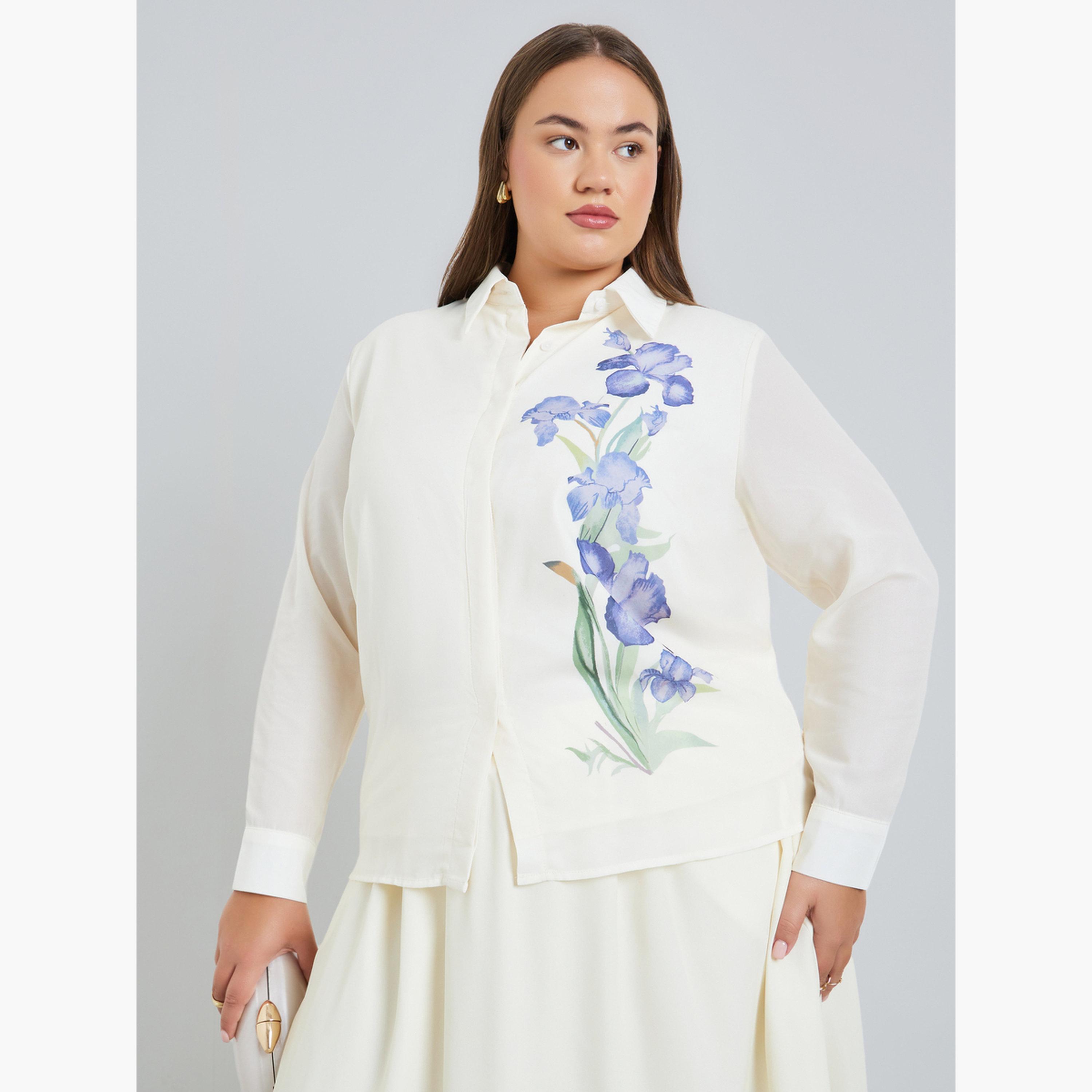 Styli Plus Size Off White Floral Print Shirt-women-clothing-shirtsandblouses-shirts-image-1
