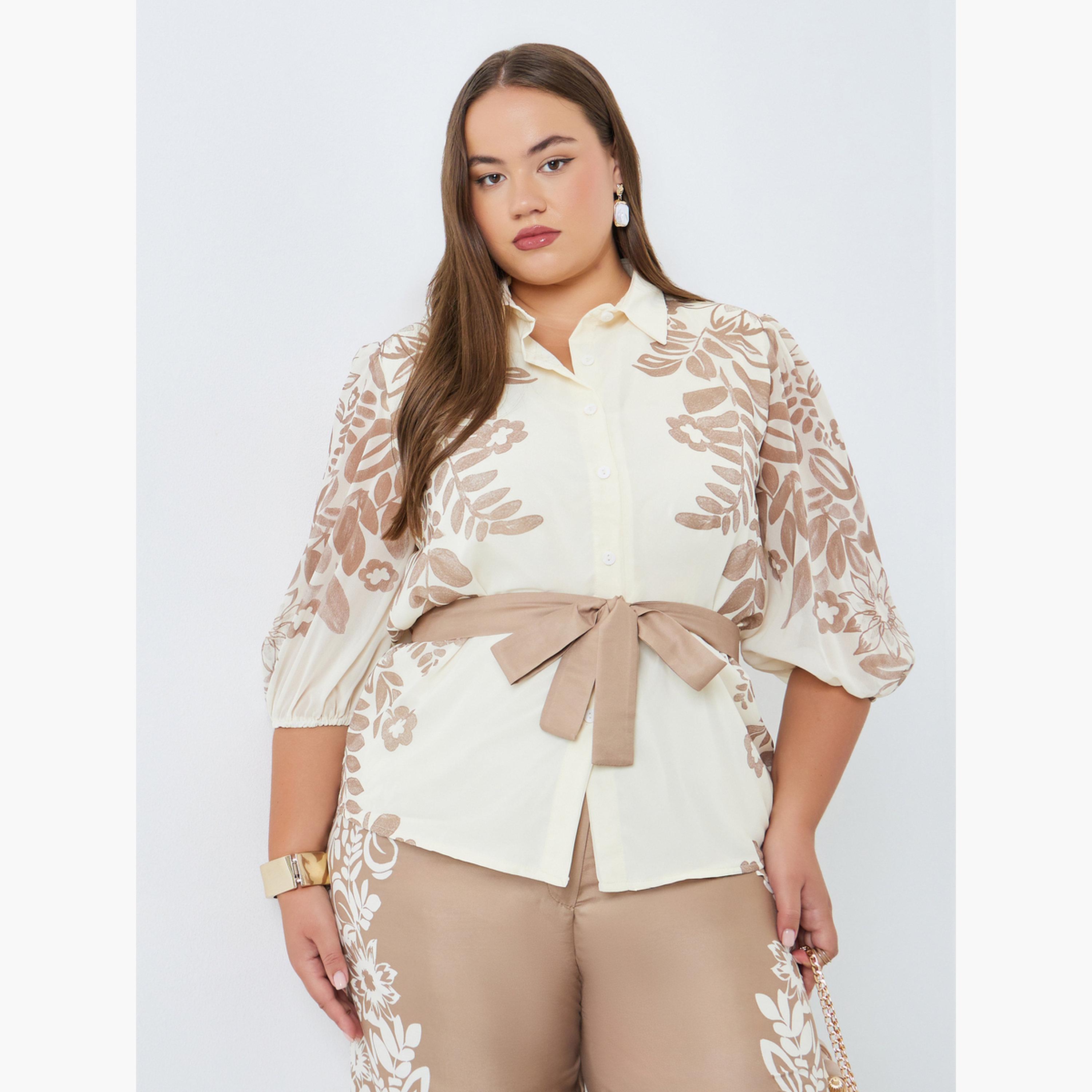 Styli Plus Size Floral Print Belted Blouse-women-clothing-shirtsandblouses-blouses-image-1
