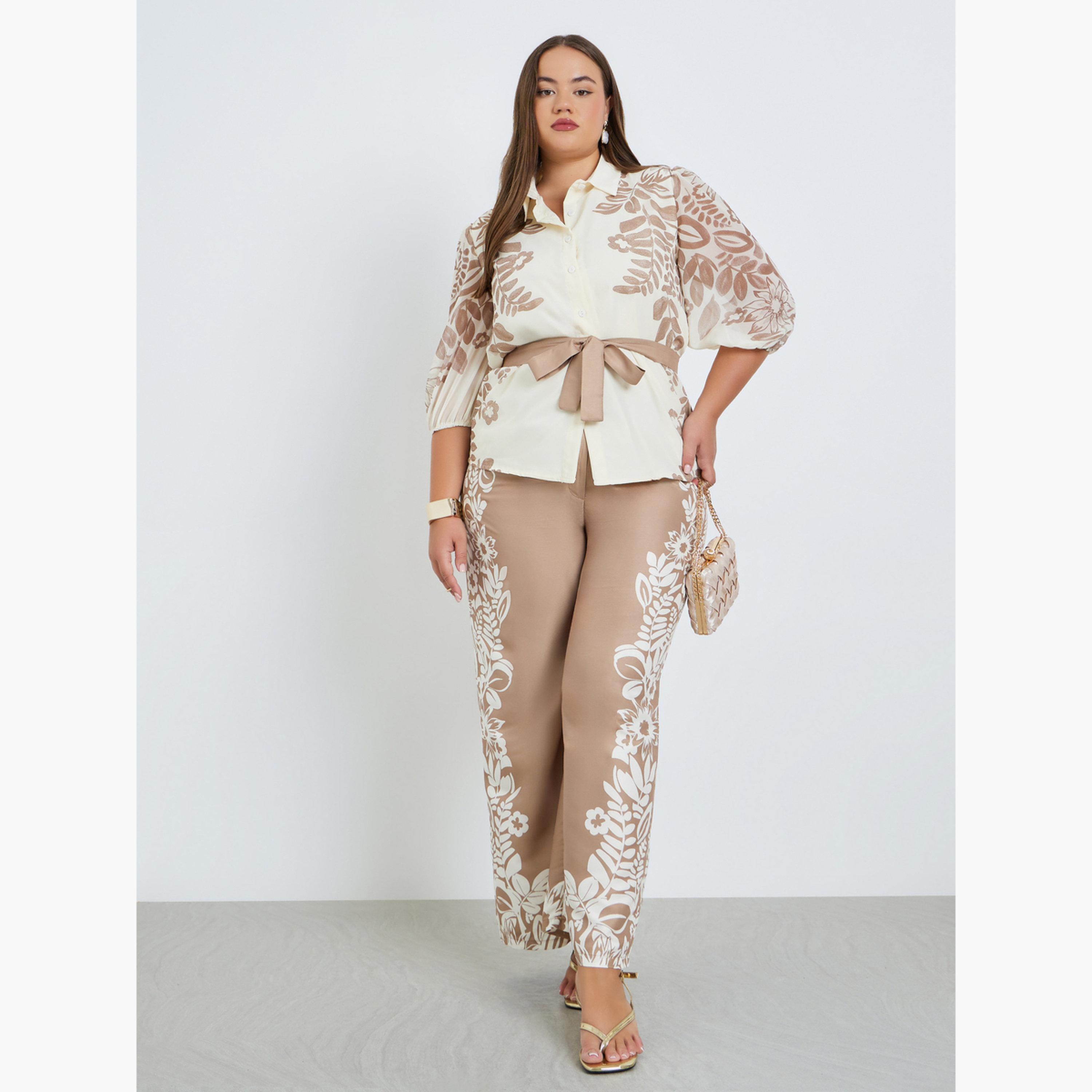 بلوزة بمقاس كبير مع حزام وطبعة زهور-women-clothing-shirtsandblouses-blouses-image-2