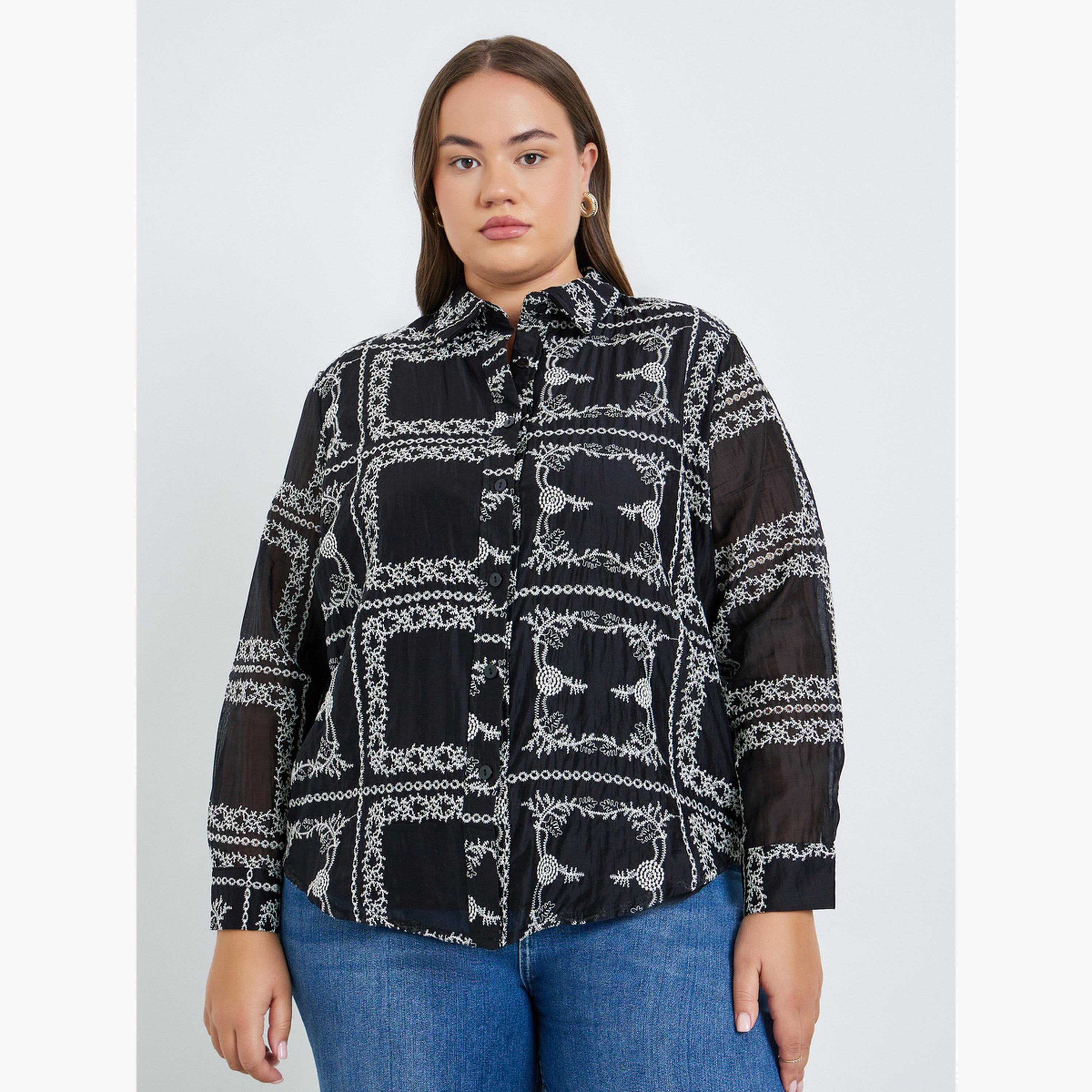 Styli Plus Size Black Floral Embroidered Shirts-women-clothing-shirtsandblouses-shirts-image-1