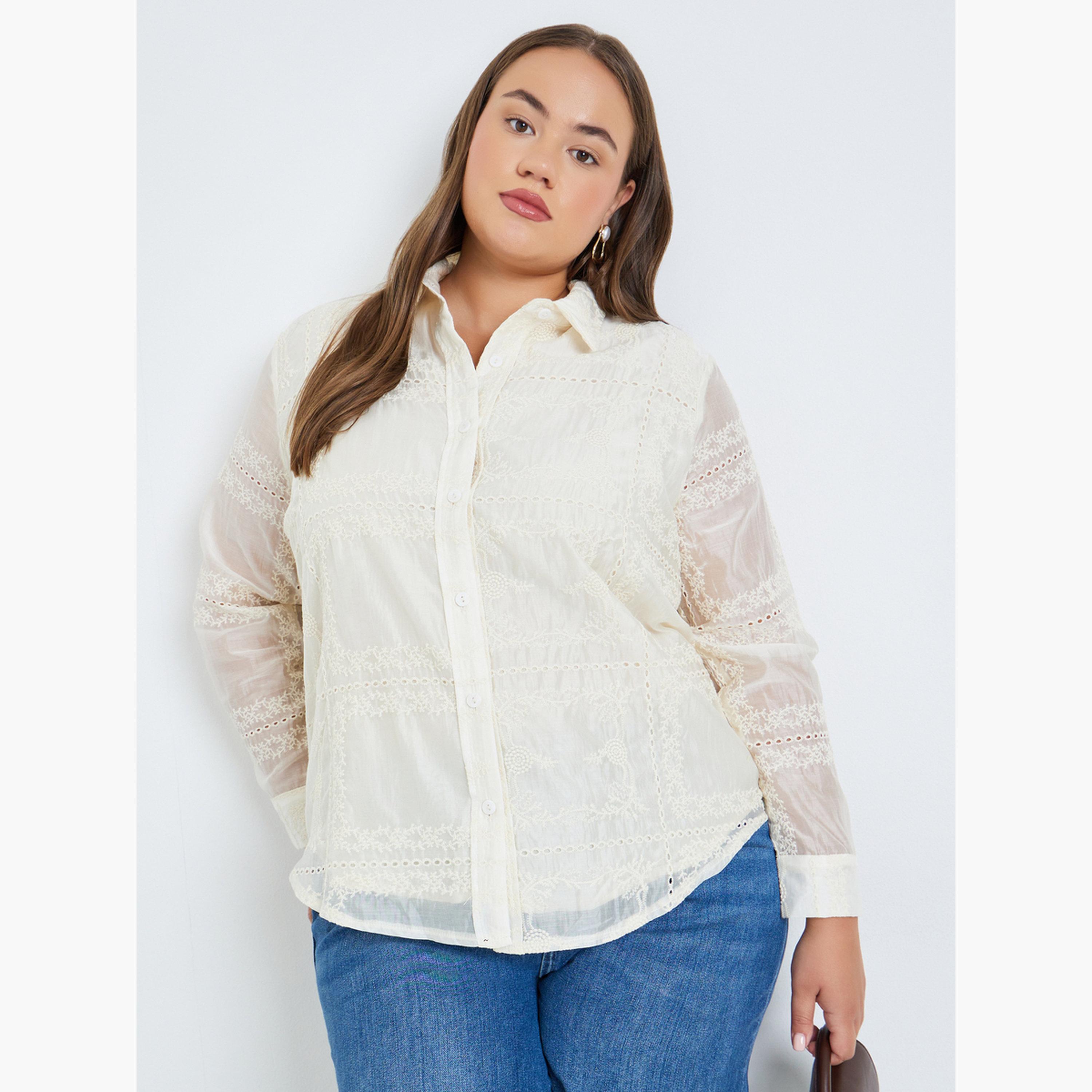 Styli Plus Size Off-White Floral Embroidered Shirts-women-clothing-shirtsandblouses-shirts-image-1