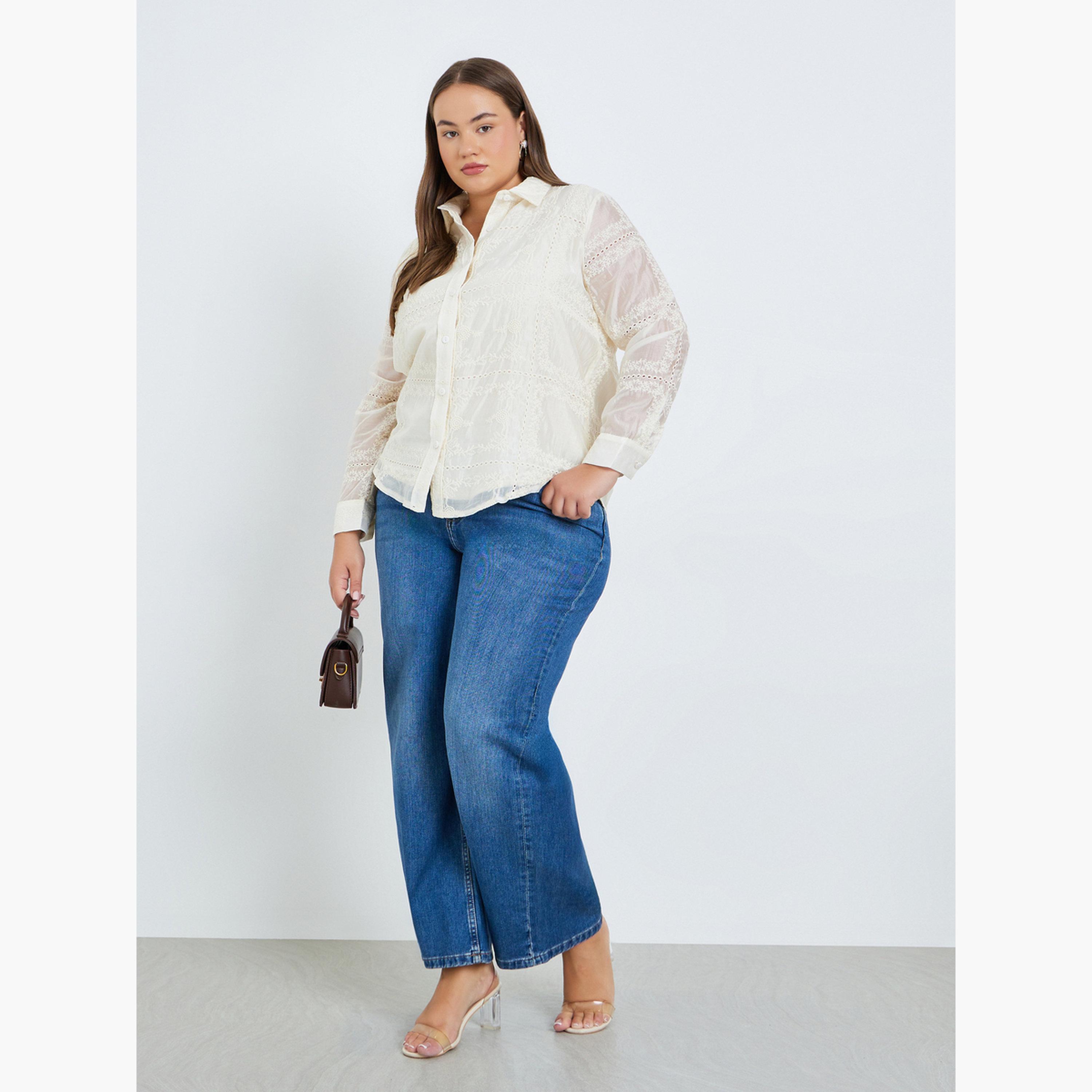Styli Plus Size Off-White Floral Embroidered Shirts-women-clothing-shirtsandblouses-shirts-image-2
