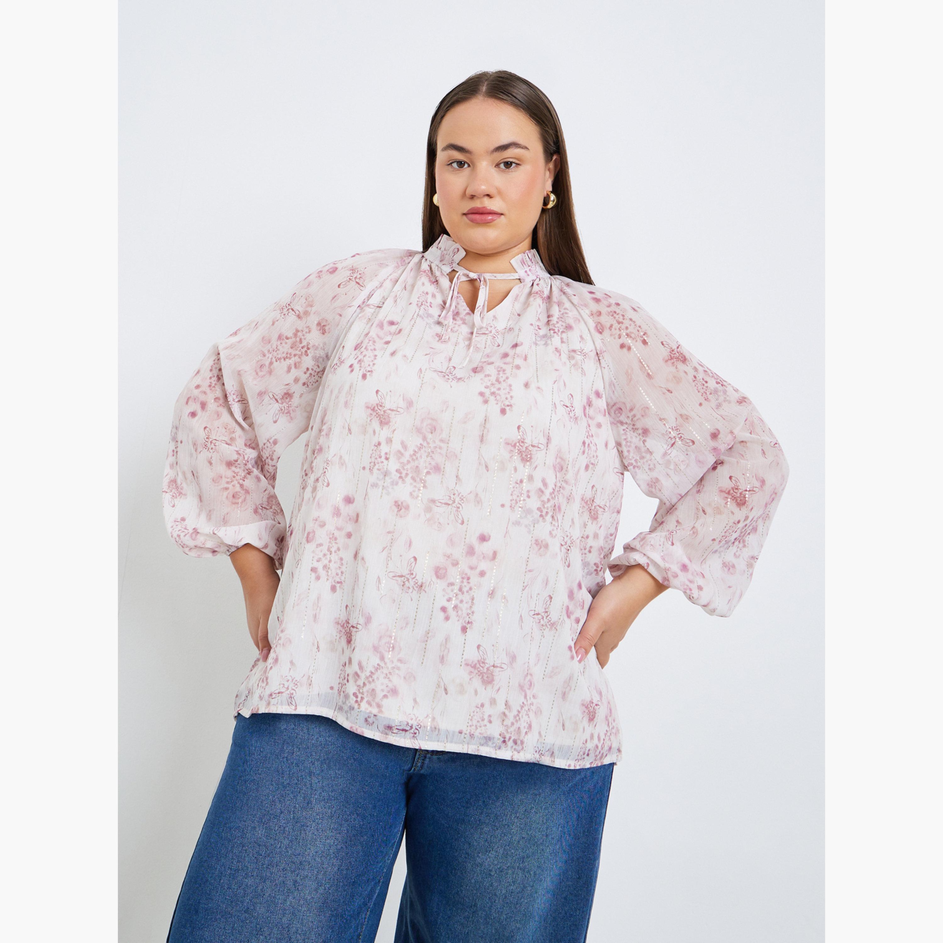 Styli Plus Size Women Floral Print Blouse with Tie Neck-women-clothing-plussize-shirtsandblouses-blouses-image-1