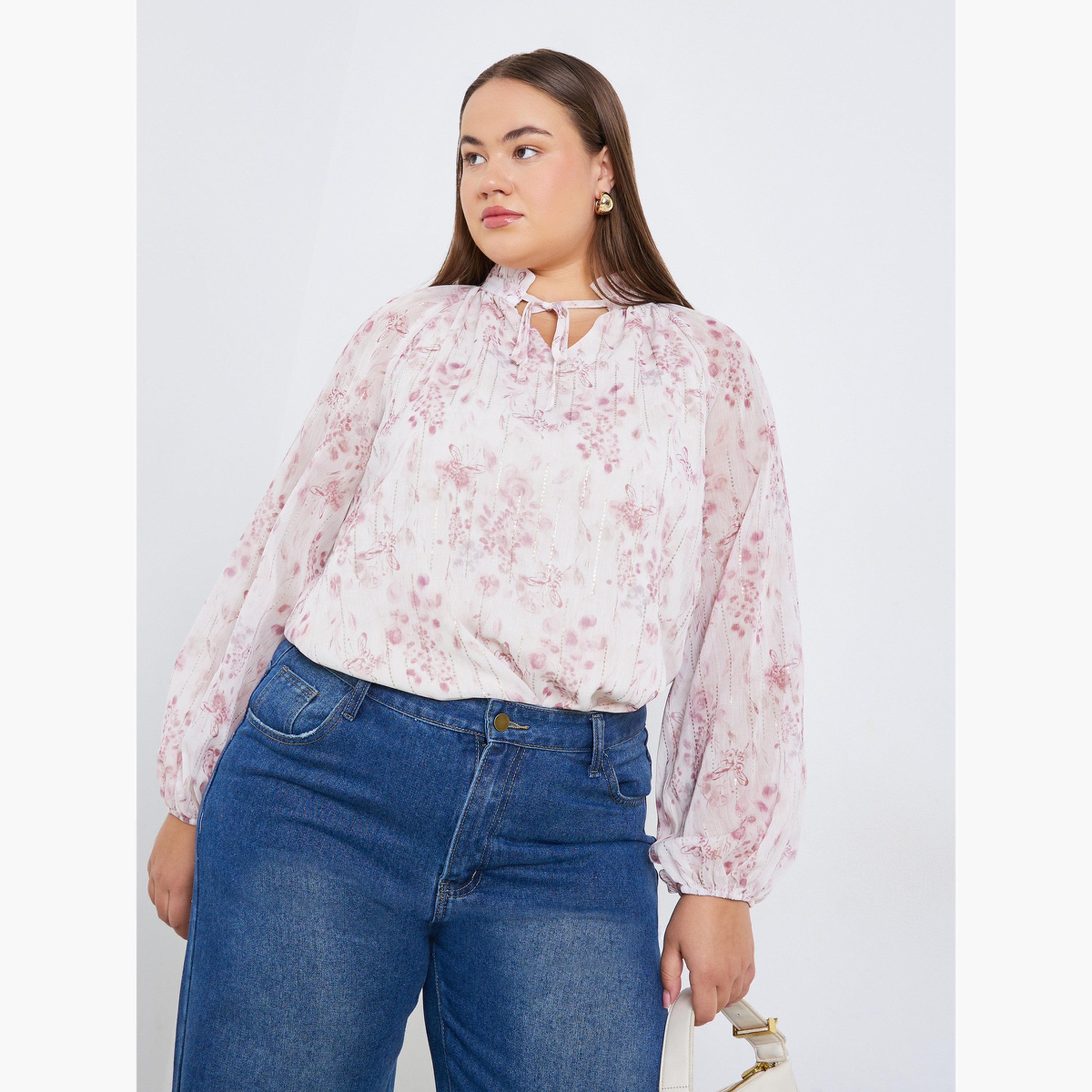 Styli Plus Size Women Floral Print Blouse with Tie Neck-women-clothing-plussize-shirtsandblouses-blouses-image-3