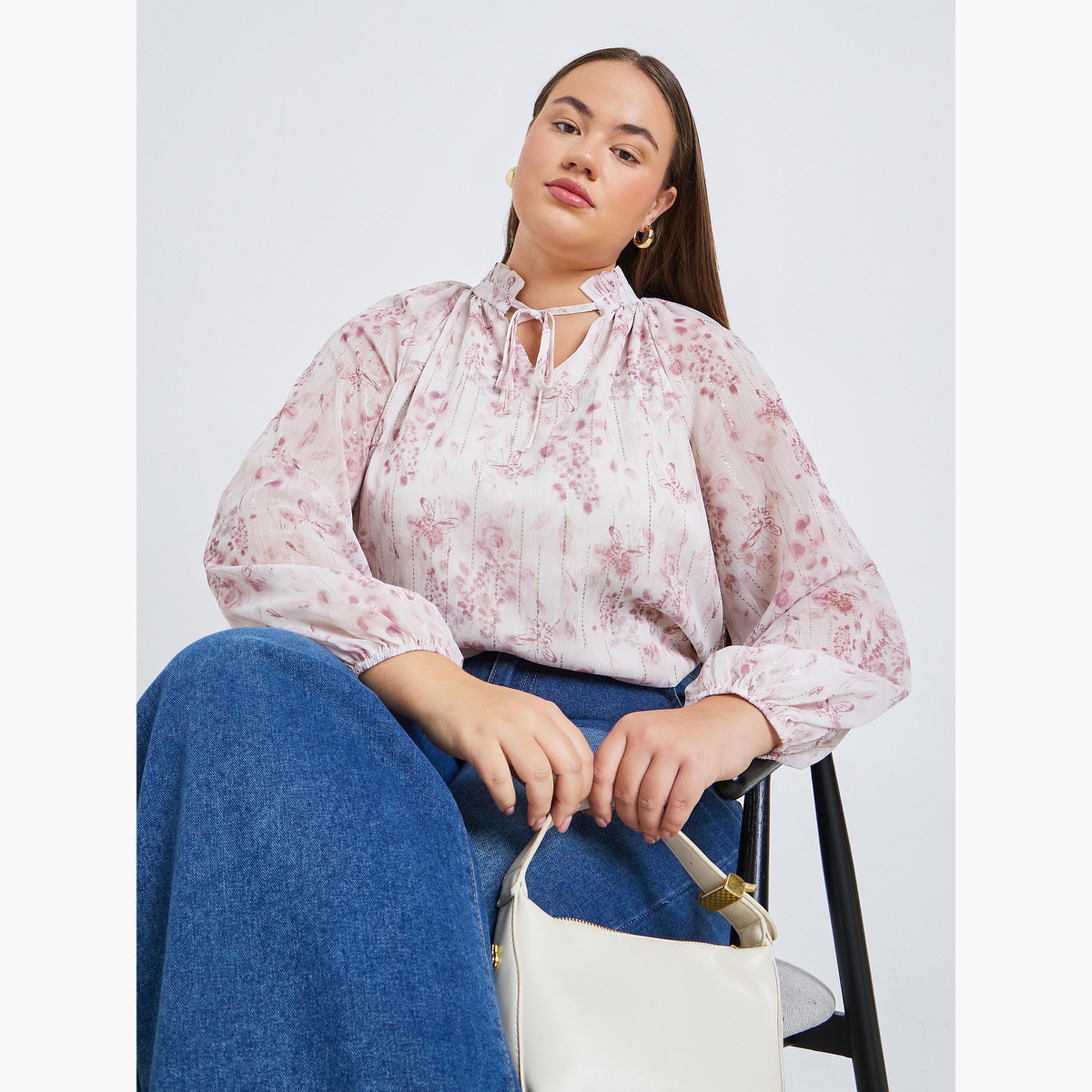 Styli Plus Size Women Floral Print Blouse with Tie Neck-women-clothing-plussize-shirtsandblouses-blouses-image-4