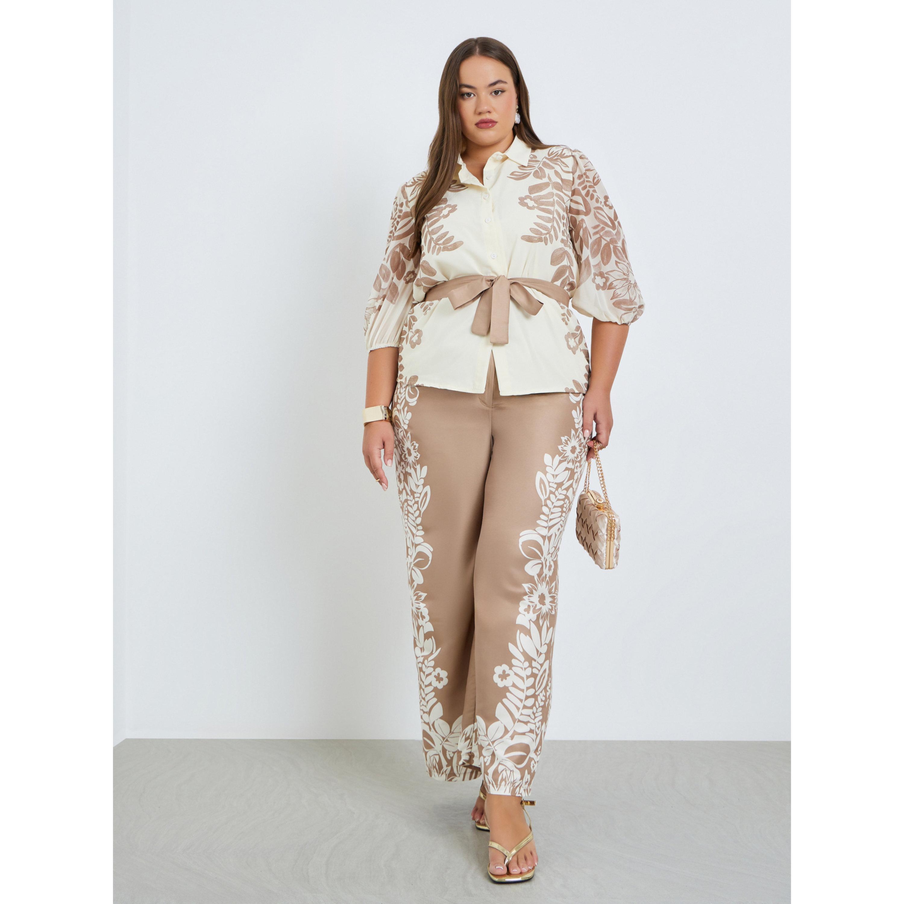 Styli Plus Size Women Beige Floral Wide Leg Trousers-women-clothing-bottoms-trousers-image-2