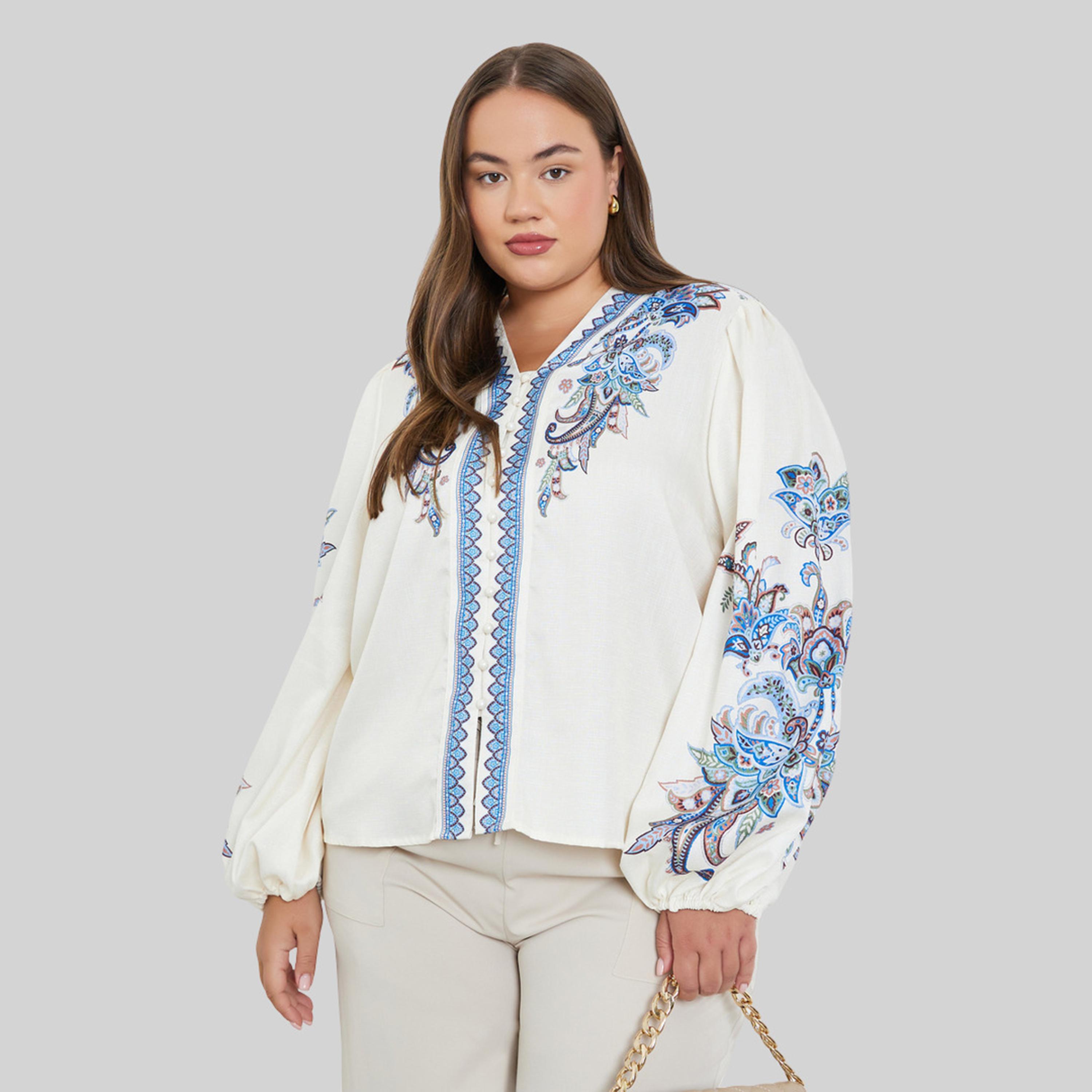 Styli Plus Size Cream Paisley Print Blouse-women-clothing-shirtsandblouses-blouses-image-1