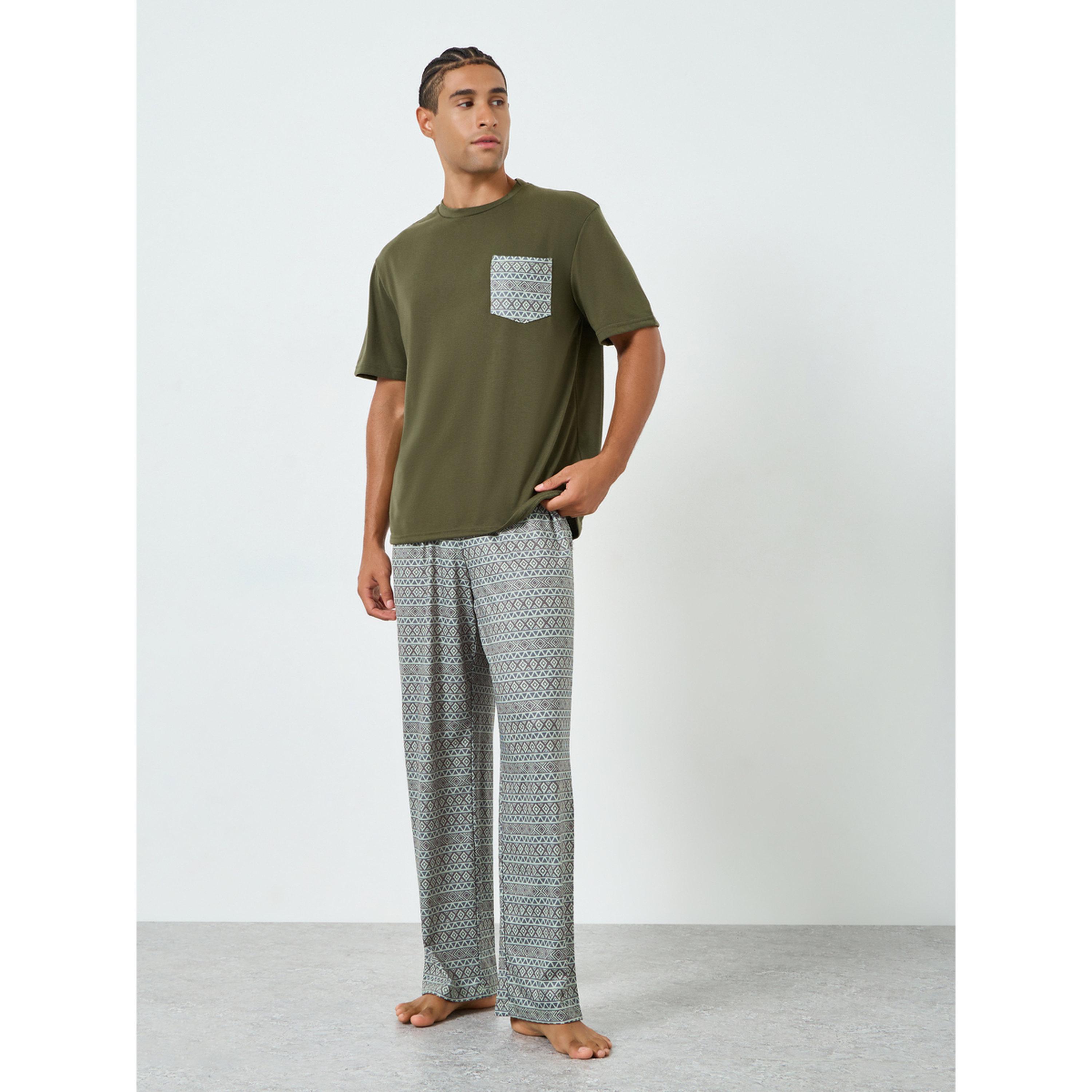Styli Men Olive Printed Pocket T-Shirt and Pyjama Set-men-clothing-nightwear-sets-image-1