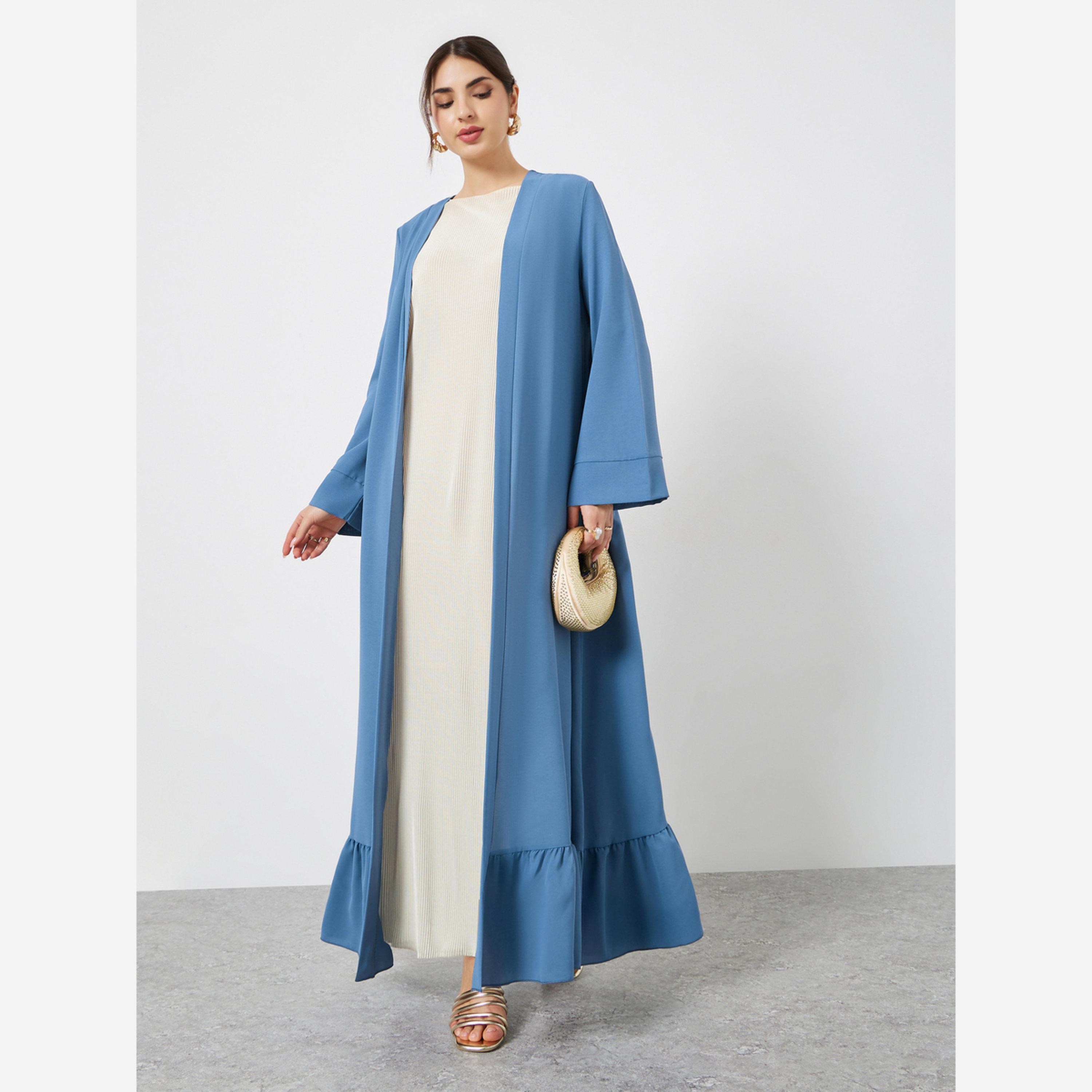 Styli Blue Ruffle Hem Open Abaya-women-arabicclothing-abayas-image-1