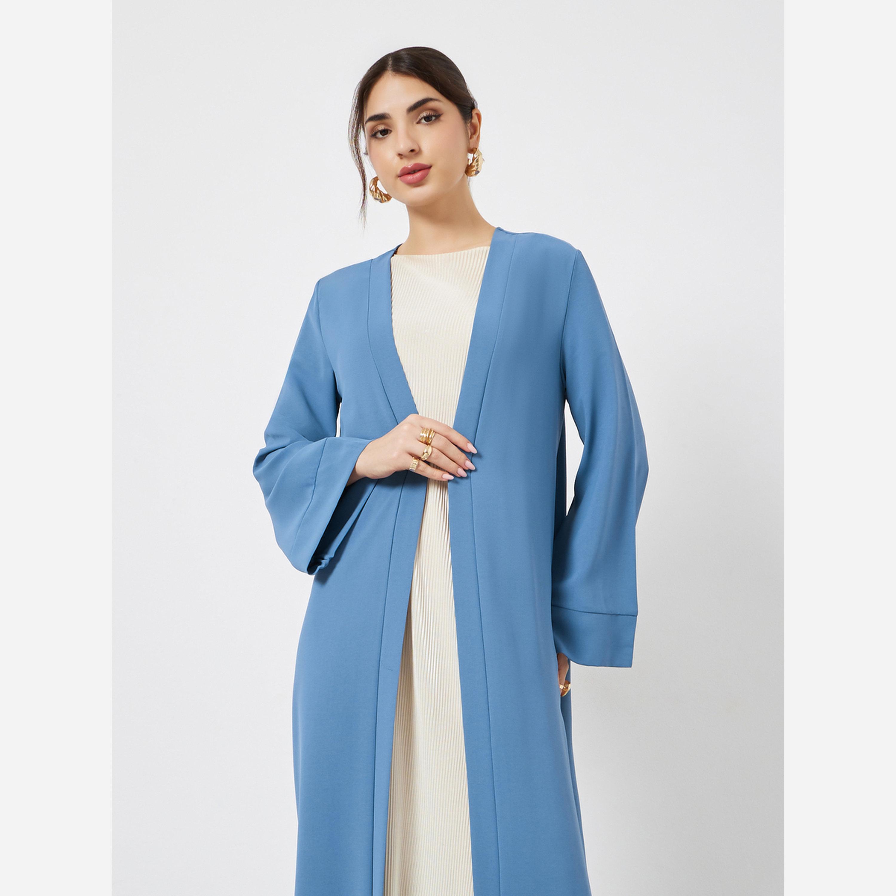 ستايلي - عباية مفتوحة لون أزرق بحافة مكشكشة-women-arabicclothing-abayas-image-2