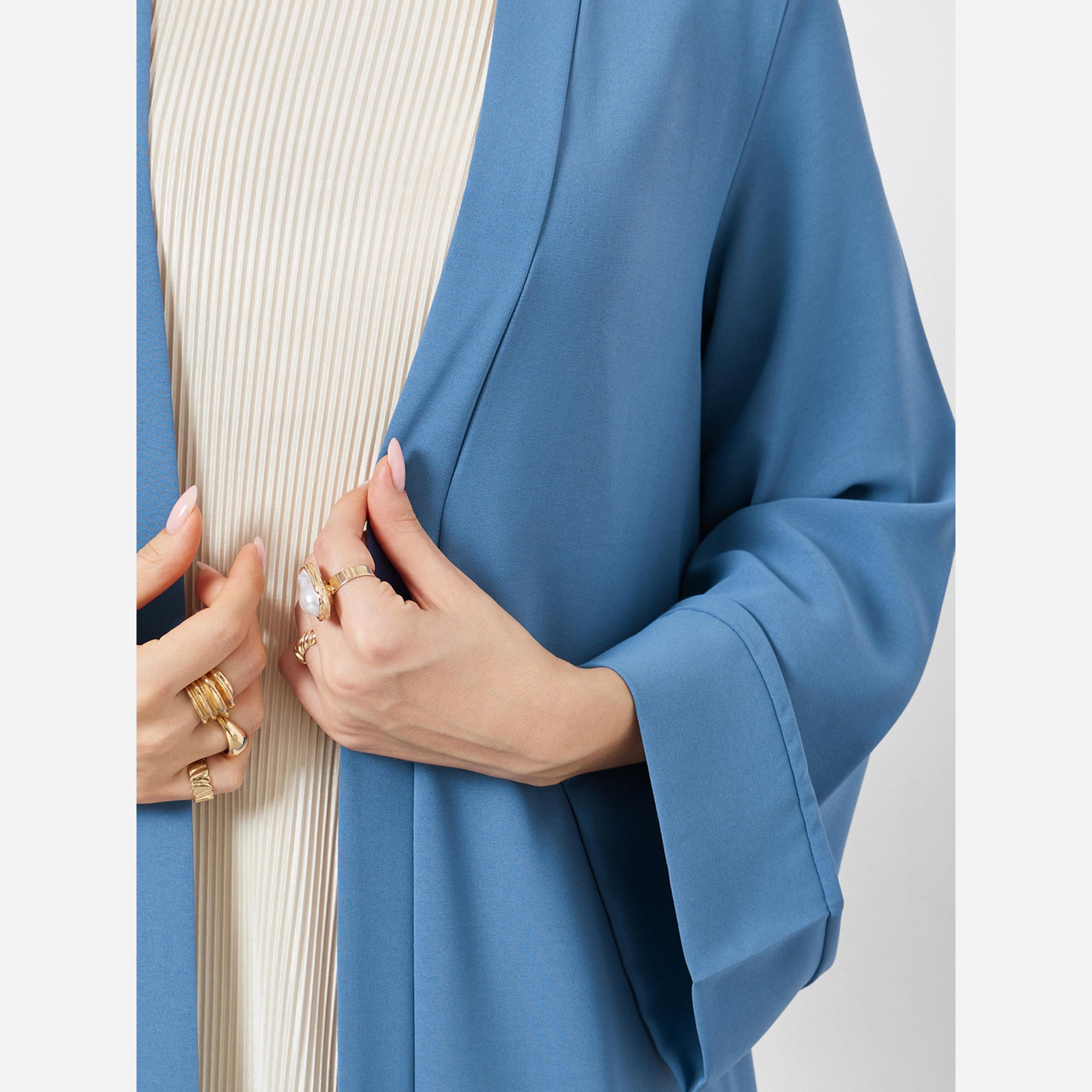ستايلي - عباية مفتوحة لون أزرق بحافة مكشكشة-women-arabicclothing-abayas-image-3