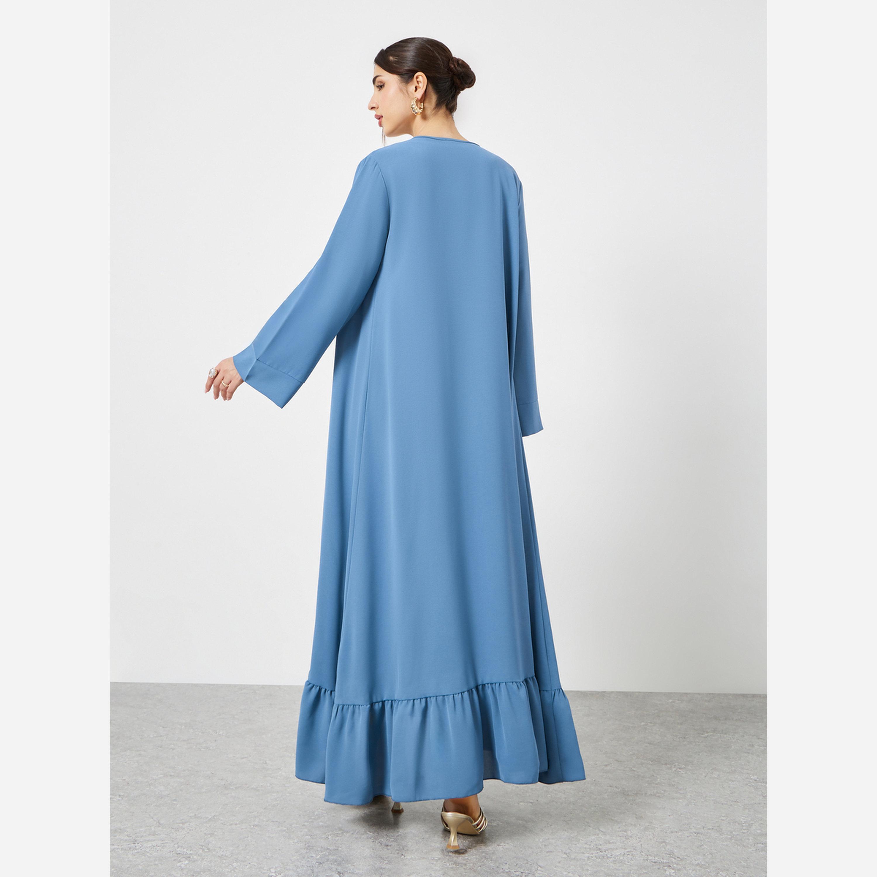 Styli Blue Ruffle Hem Open Abaya-women-arabicclothing-abayas-image-4
