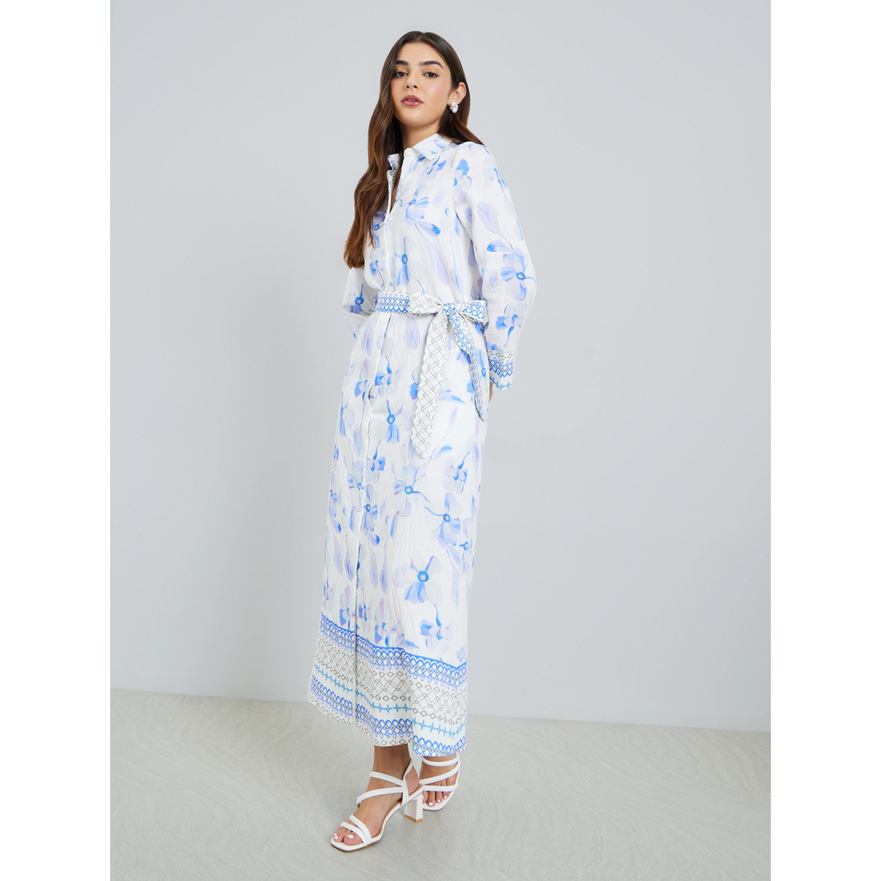 Styli Women Blue Floral Print Collared A-Line Maxi Dress-women-clothing-dresses-image-1