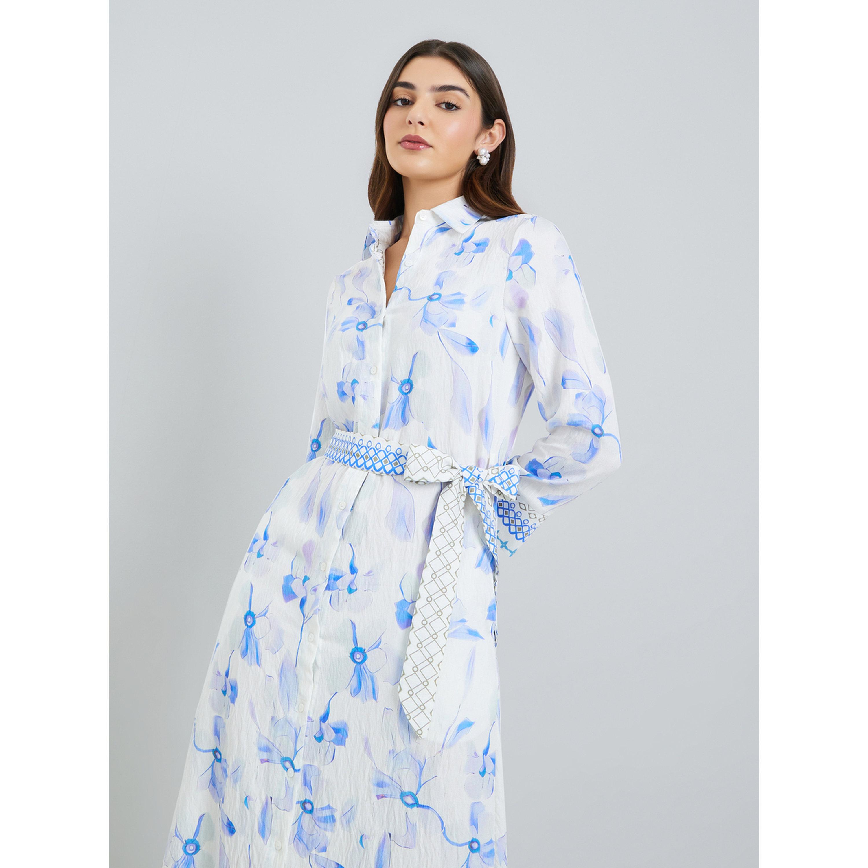 Styli Women Blue Floral Print Collared A-Line Maxi Dress-women-clothing-dresses-image-3