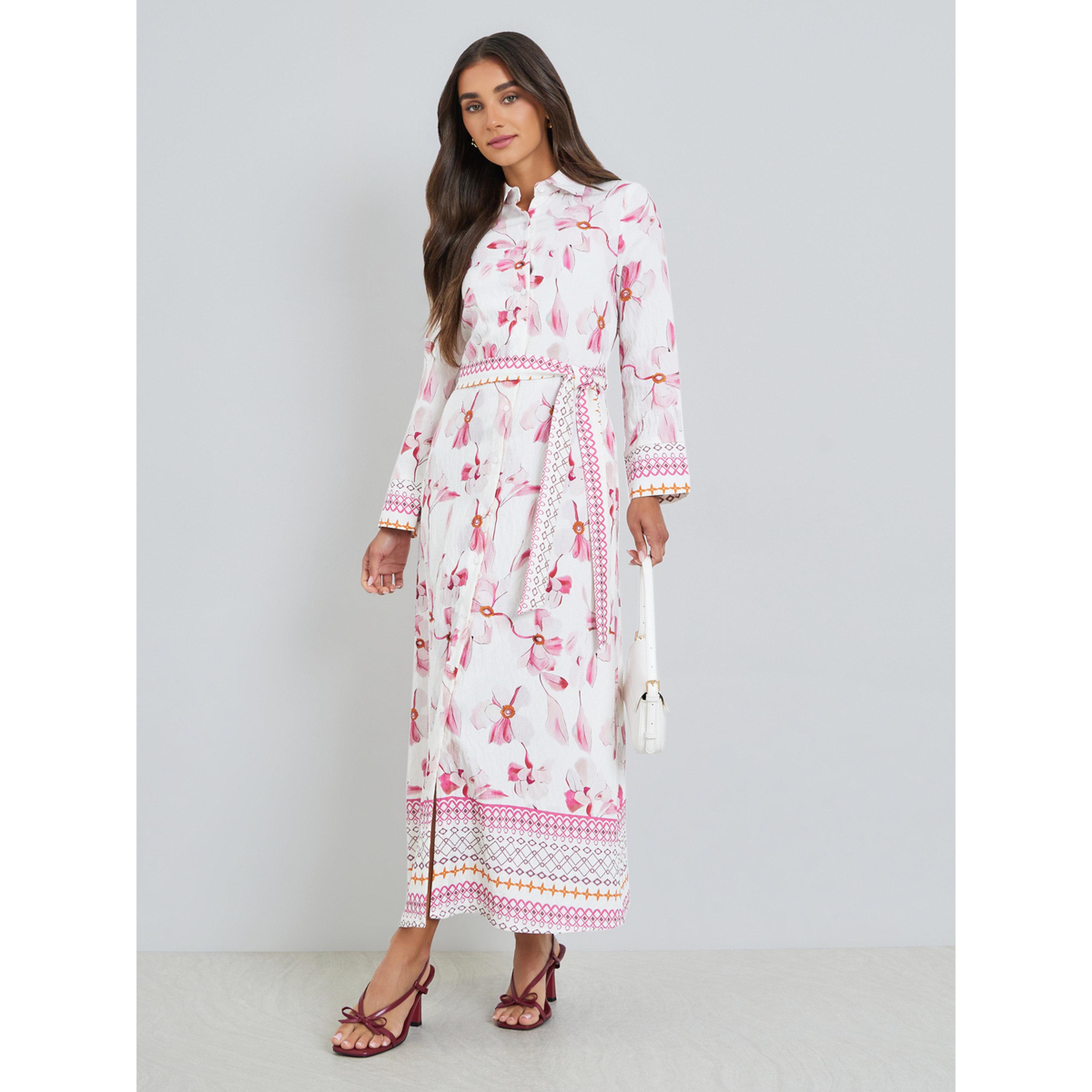 Styli Women Pink Floral Print Collared A-Line Maxi Dress-women-clothing-dresses-image-1