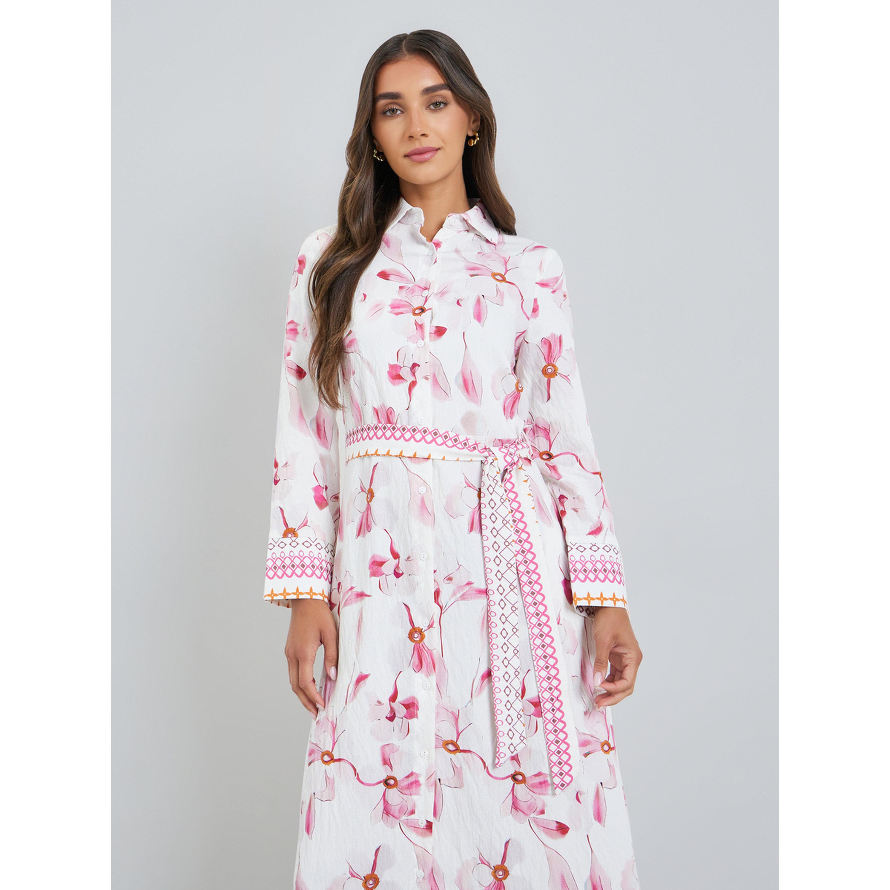 Styli Women Pink Floral Print Collared A-Line Maxi Dress-women-clothing-dresses-image-2