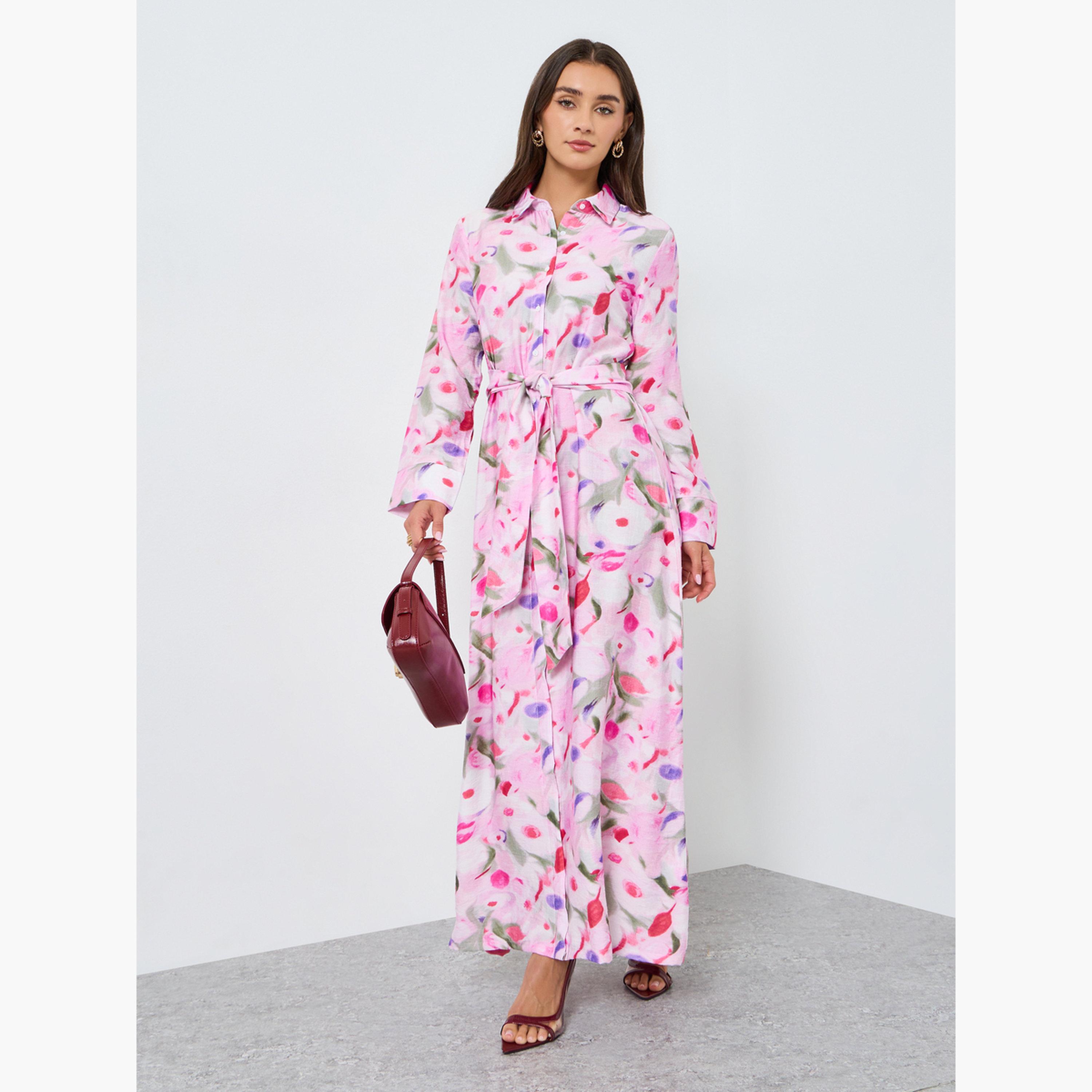 فستان قميص ماكسي بطبعة زهور وأكمام طويلة-women-clothing-dresses-image-1