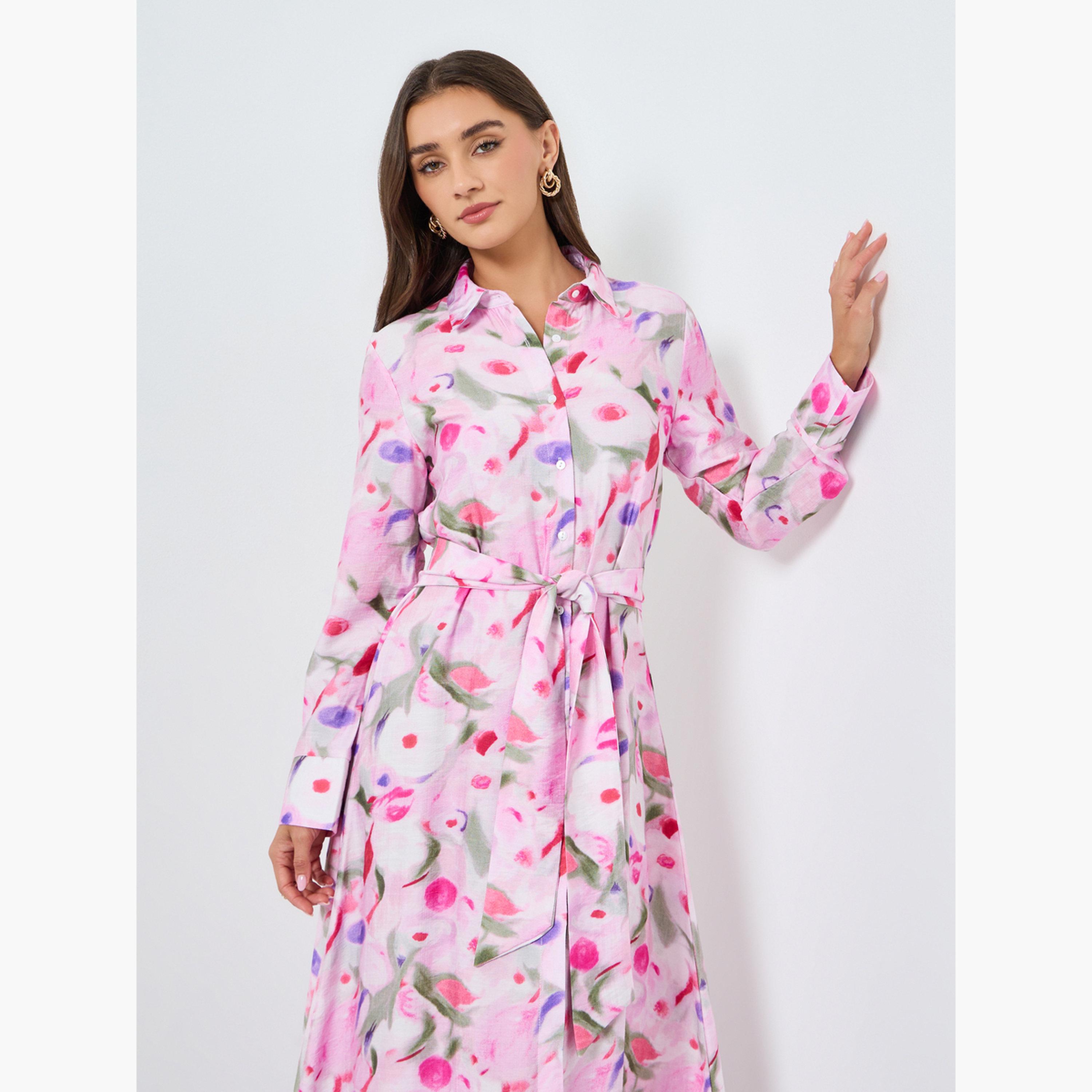 Styli Women Pink Floral Long Sleeves Shirt Maxi Dress-women-clothing-dresses-image-2