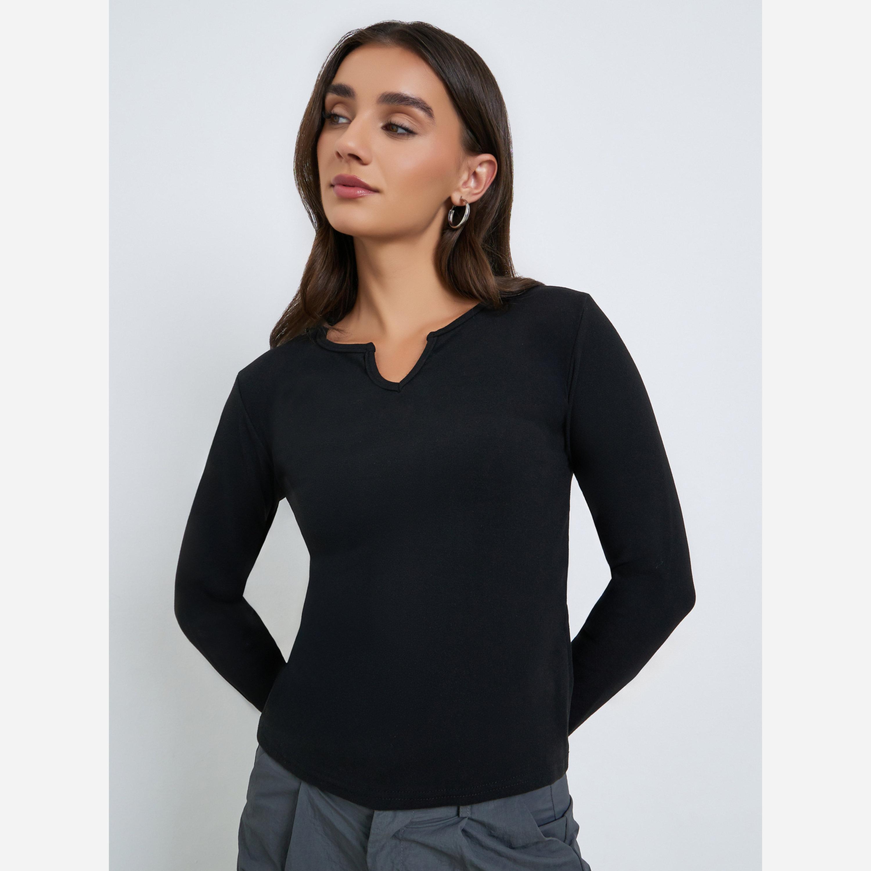 Styli Plain V-Neck Long-Sleeve T-Shirt-women-clothing-tshirts-image-1