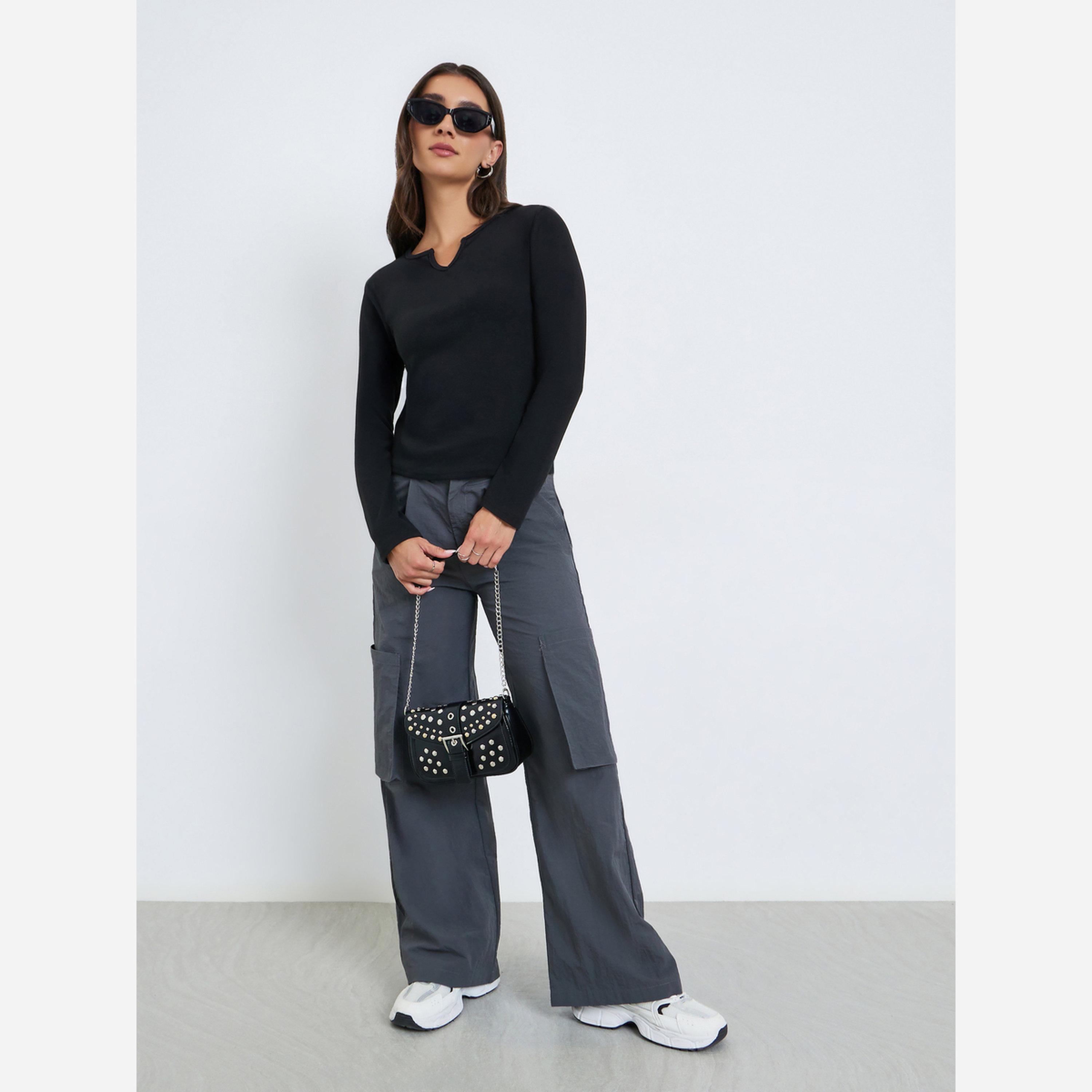 ستايلي - تيشيرت سادة أكمام طويلة ورقبة شكل سبعة-women-clothing-tshirts-image-2