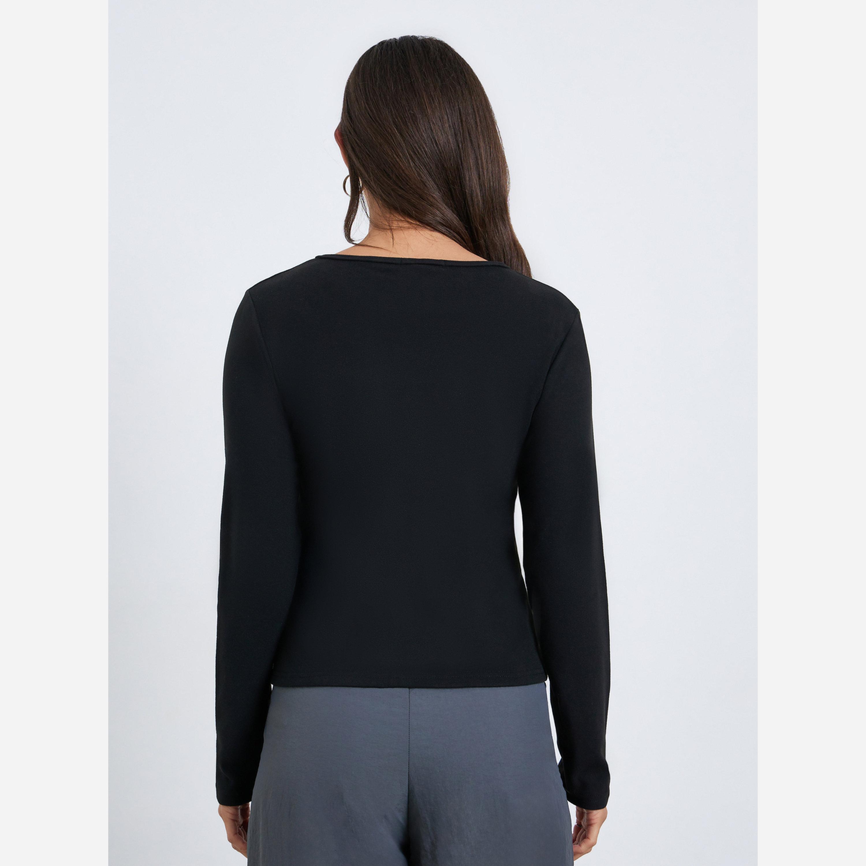 ستايلي - تيشيرت سادة أكمام طويلة ورقبة شكل سبعة-women-clothing-tshirts-image-5