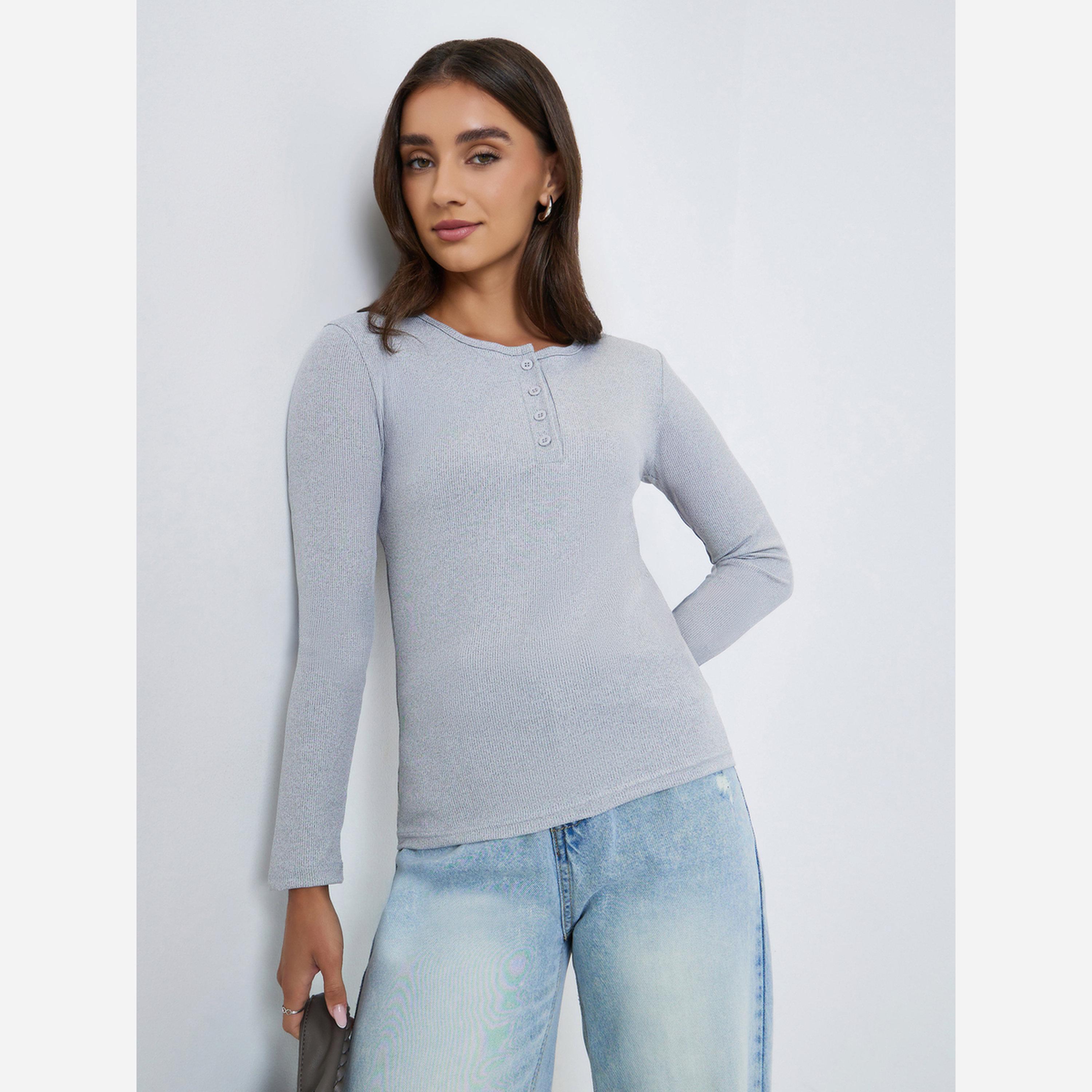 Styli Plain Crew Neck Long Sleeve T-shirt with Button Down Design-women-clothing-tshirts-image-1