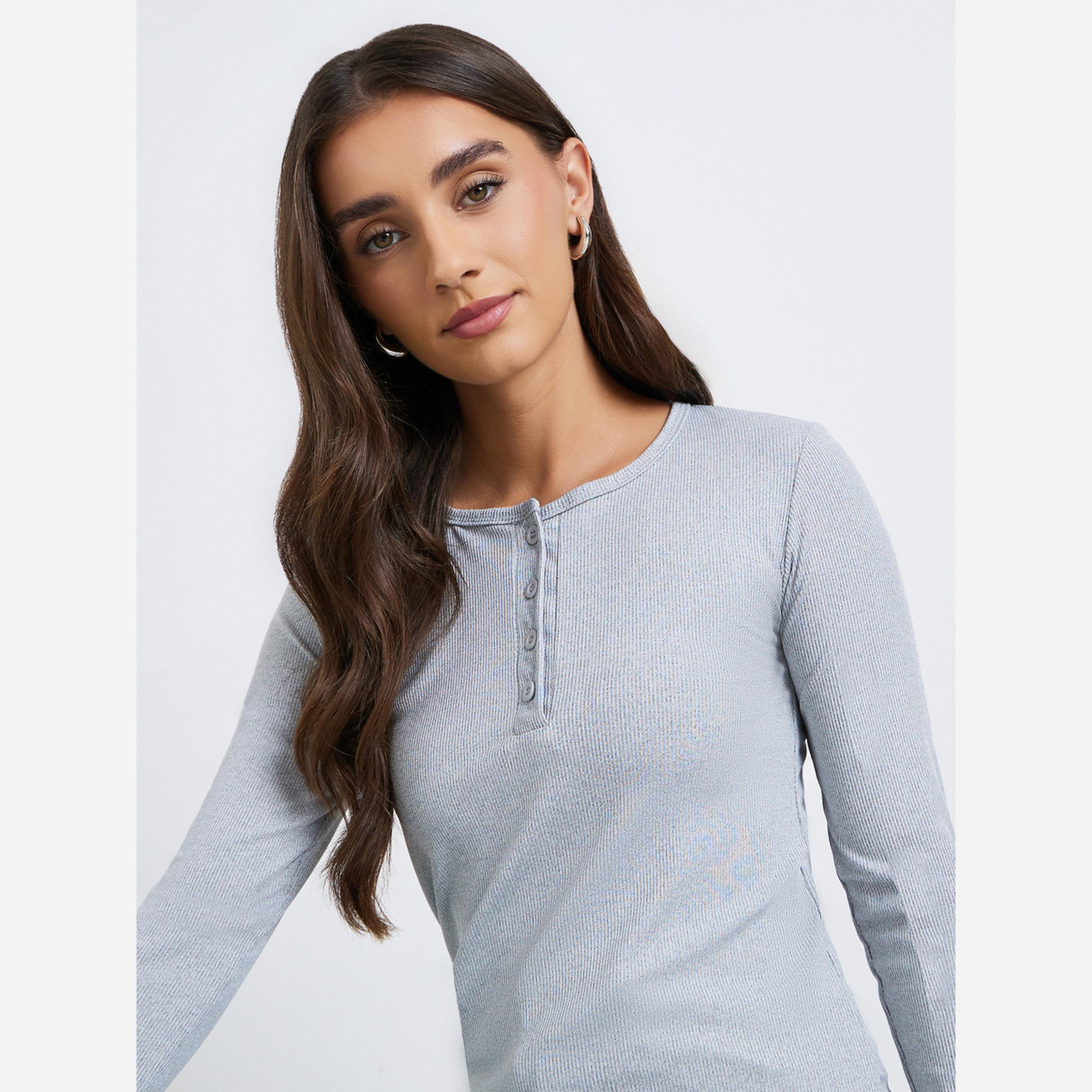 Styli Plain Crew Neck Long Sleeve T-shirt with Button Down Design-women-clothing-tshirts-image-2